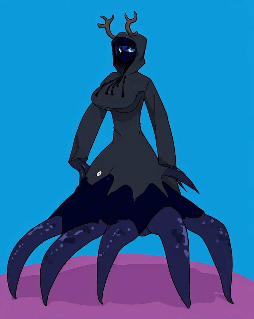 Eldrich monster Girl Entetity Character, spider leg, black robe, deer antlers, big boob, face hidden by hood shadow, tentacle hand, blue solid color eyes, black body, black tattered long sleeve shirt, long sleeve shirt