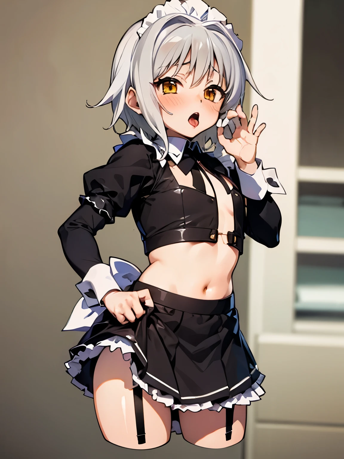 NSFW,koneko toujou (dxd),Gray Hair,short hair,(Maid clothes:1.2),(cropped:1.5),Micro Mini Skirt,garter belt,Embarrassed,blush,(Perfect hands),(Perfect Anatomy),(masterpiece),(highest quality),living,Bow-legged