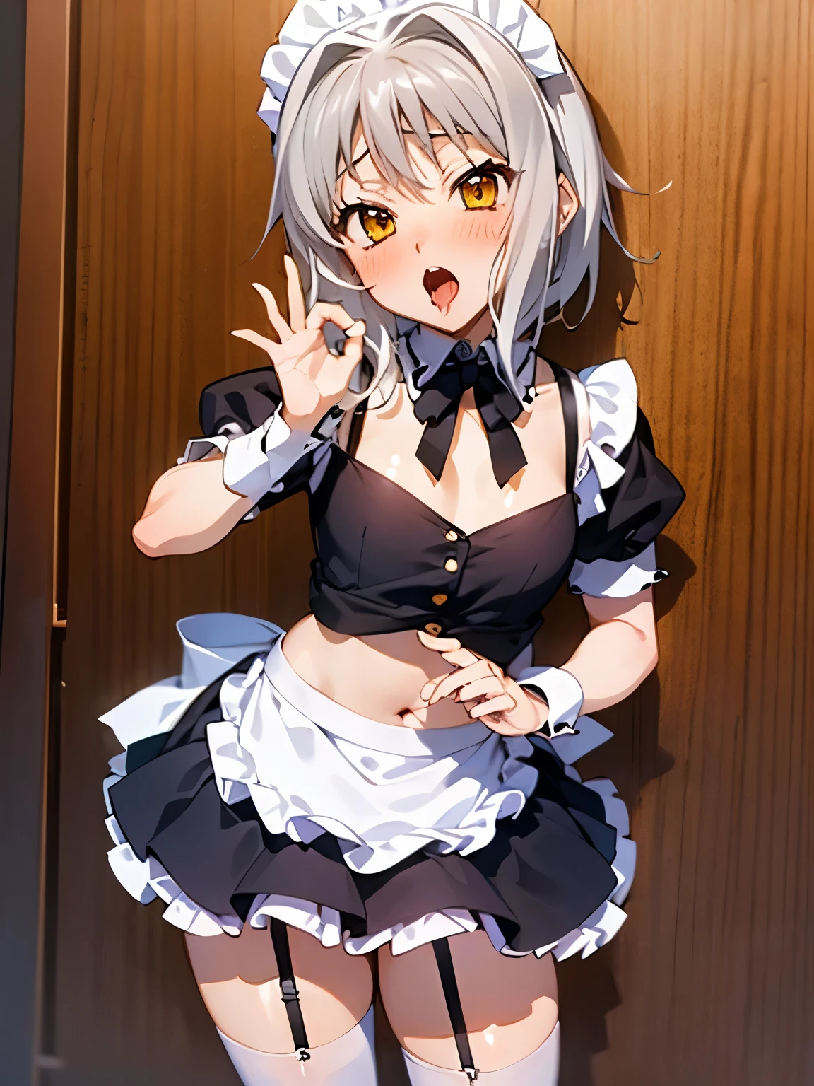 NSFW,koneko toujou (dxd),Gray Hair,short hair,(Maid clothes:1.2),(cropped:1.5),Micro Mini Skirt,garter belt,Embarrassed,blush,(Perfect hands),(Perfect Anatomy),(masterpiece),(highest quality),living,Bow-legged