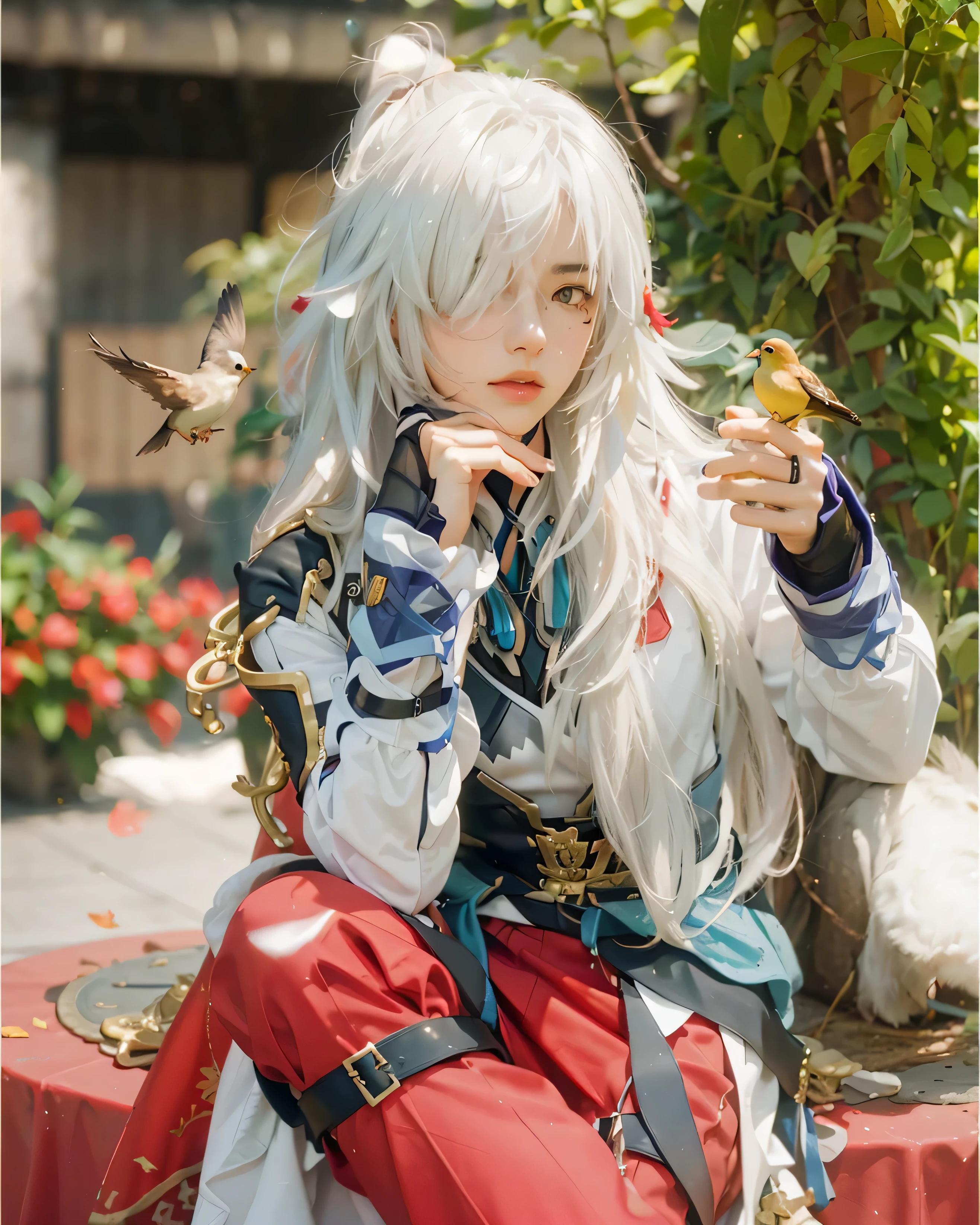 ( JINYUAN_HONKAI STAR RAIL),((realistic, photorealistic)),, Light reflection, (( HD )),((upper body)), (((best quality, masterpiece))), (masterpiece) (best quality) (detail) (8k) (HDR) (wallpaper) (cinematic lighting) (sharp focuasterpiece, best quality: 1.1), Real life adaption of this character, Shining Purple eyes, realistic outfit, realistic shadow, realistic light, realism, hyper realistic, realistic background,(photorealistic:1.2), 1man,Background of a tree with falling leaves, a bird perched on top of the head, a bird perched on the hand,Sunlight, flares,Fallen leaves, radiant,