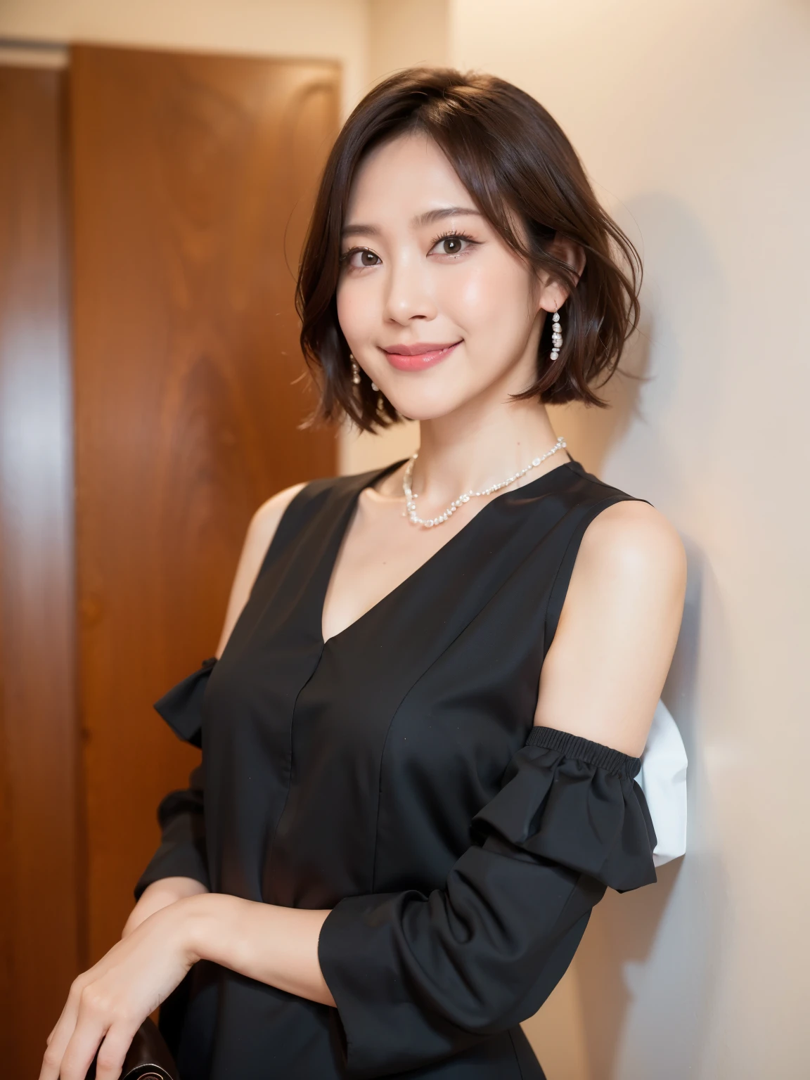 (highest quality, 8k, 32k, masterpiece, Ultra-high resolution:1.2),Beautiful Japanese Women Photos, （D cup breasts:1.4), Very short bob hair,Upper Body,Face Focus,（black formal blouse：1.4）、Black ruffled blouse,（Pearl Necklace:1.4), （Very small office:1.6), The viewer is looking at her from the side, （smile:1.6)