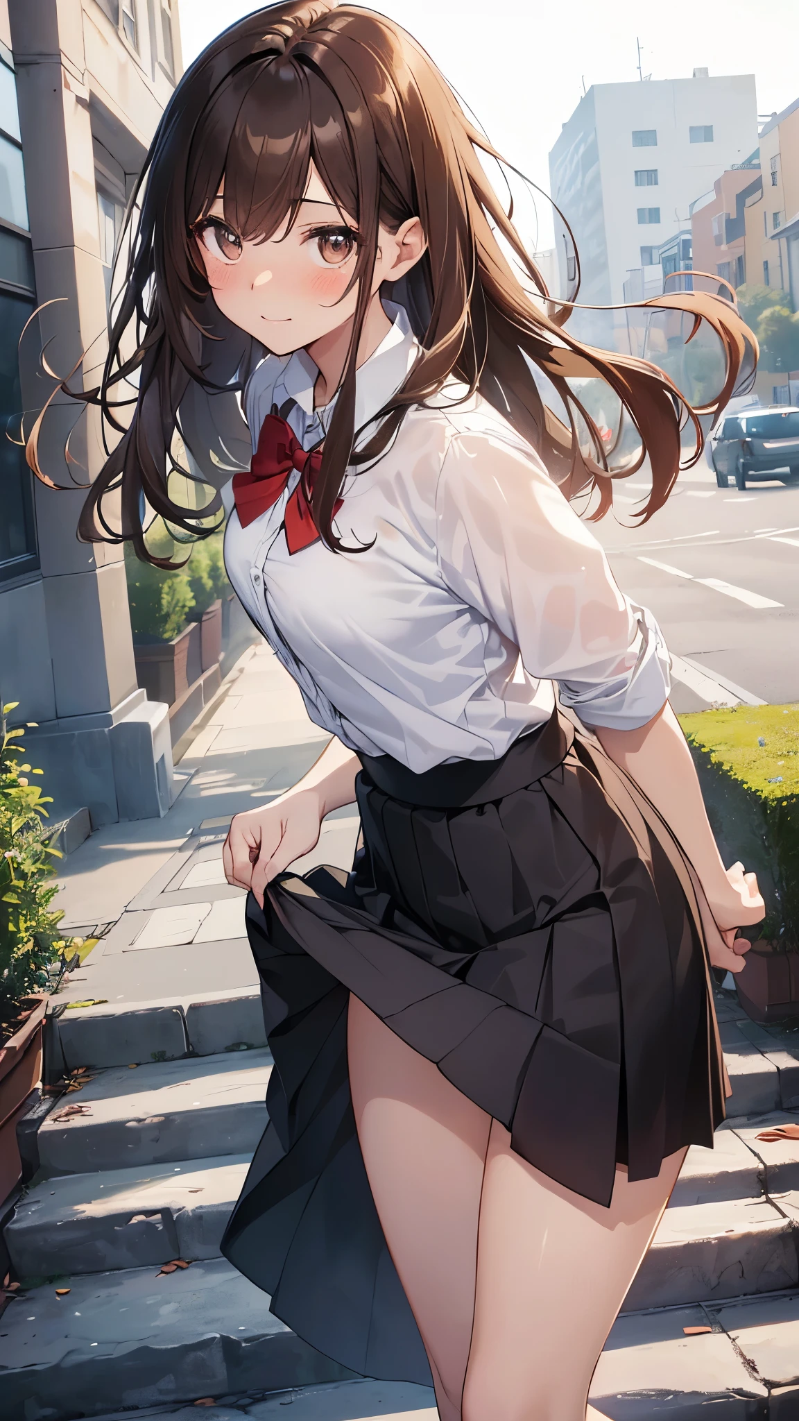 ((Tabletop, highest quality, High resolution, Perfect Pixel, 4K,))), 1 girl, single, alone, Beautiful woman、I could see the whole body、 ((Mid-wave hair, bangs, Brown Hair)), ((Brown eyes, Beautiful eyelashes, Realistic eyes)), ((Detailed face, blush:1.2)), ((Smooth texture:0.75, Realistic texture:0.65, Realistic:1.1, Anime CG Style)), Medium chest, Dynamic Angle, Perfect body, ((Red bow tie, , , White shirt, Black Skirt, Checked skirt)), City stairs、Angle looking up from the bottom of the stairs、Very embarrassing panic smile、Open your mouth in amazement、 looked back、(Leaning forward)、(The wind blew up her skirt, exposing her buttocks..........................、Stick your butt out、Touch your buttocks with both hands、White lace panties)
