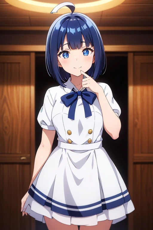 (One girl), (alone), (Focus on women), Focus on the face, blue eyes, navy hair, short hair, white one side hair ribbon, shiny skin, cowboy shot, blunt bangs, parted bangs, 1ahoge, standing, shy,idol dress,seductive smile, make out,POV,