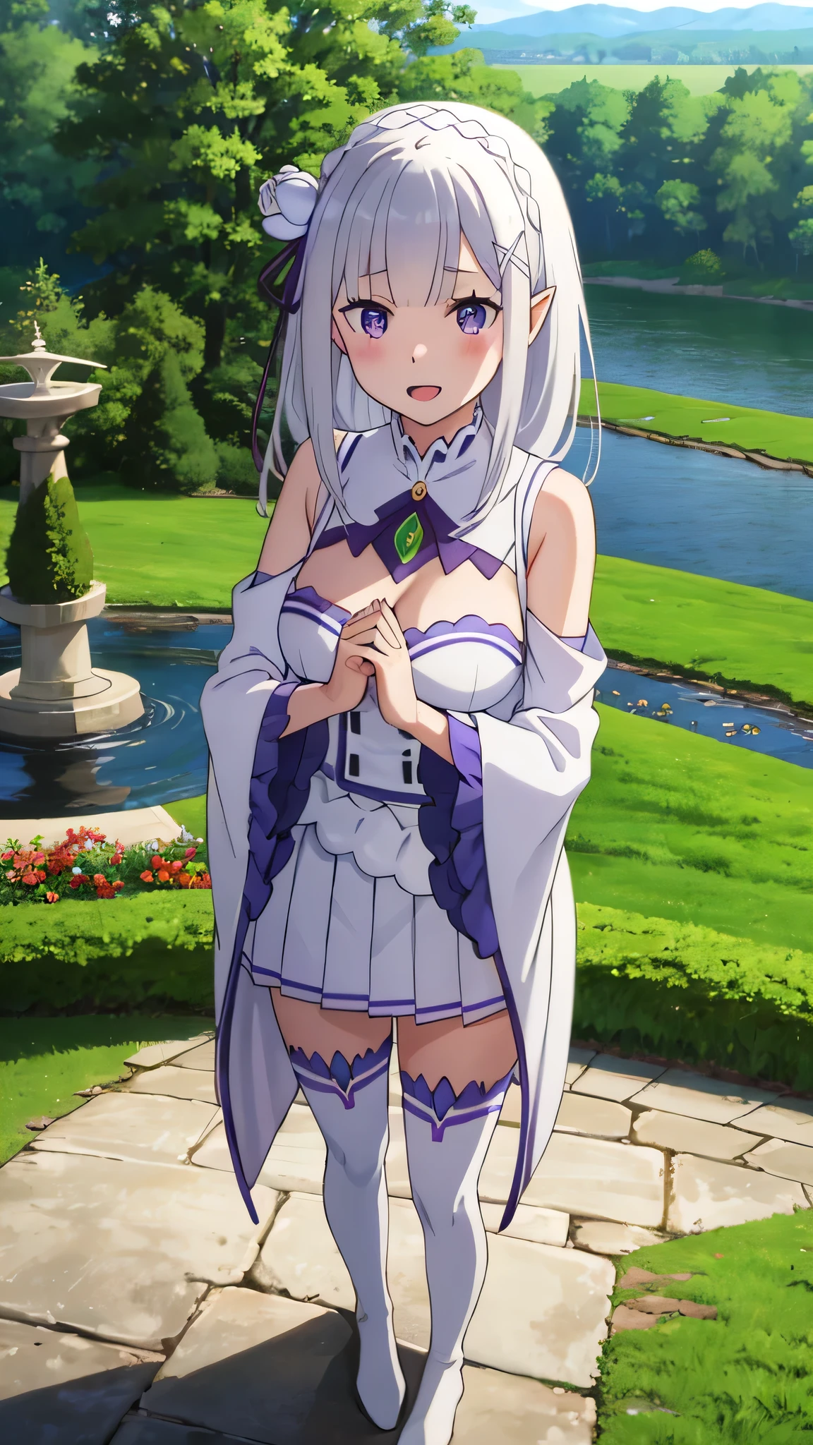 {{{masterpiece}}}, {{{best quality}}}, {{ultra-detailed}}, {illustration}, {{an extremely delicate and beautiful}}, 8k,NSFW, Emilia(Re:Zero), phemilia,1girl, purple eyes, long hair, x hair ornament, white hair, white rose, tiara, braid, low-tied long hair, very long hair, blush, elf, chest, cleavage,  detached sleeves, dress, frills, frilled sleeves, long sleeves, wide sleeves, white dress, white skirt, pleated skirt,  white apron, white thighhighs, gem, thigh boots, thighs, zettai ryouiki, BREAK, cute face, open mouth, smiling, standing on the lake, from above, outdoor, mountain, forest, flower garden, praying, mysterious