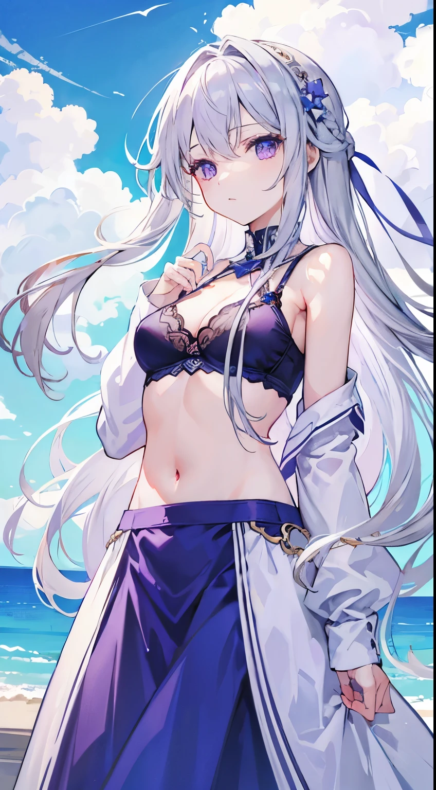 Highest quality,Girl,Silver Hair,Long Hair,Straight Hair,Purple Eyes,blue sky,Ground,bra