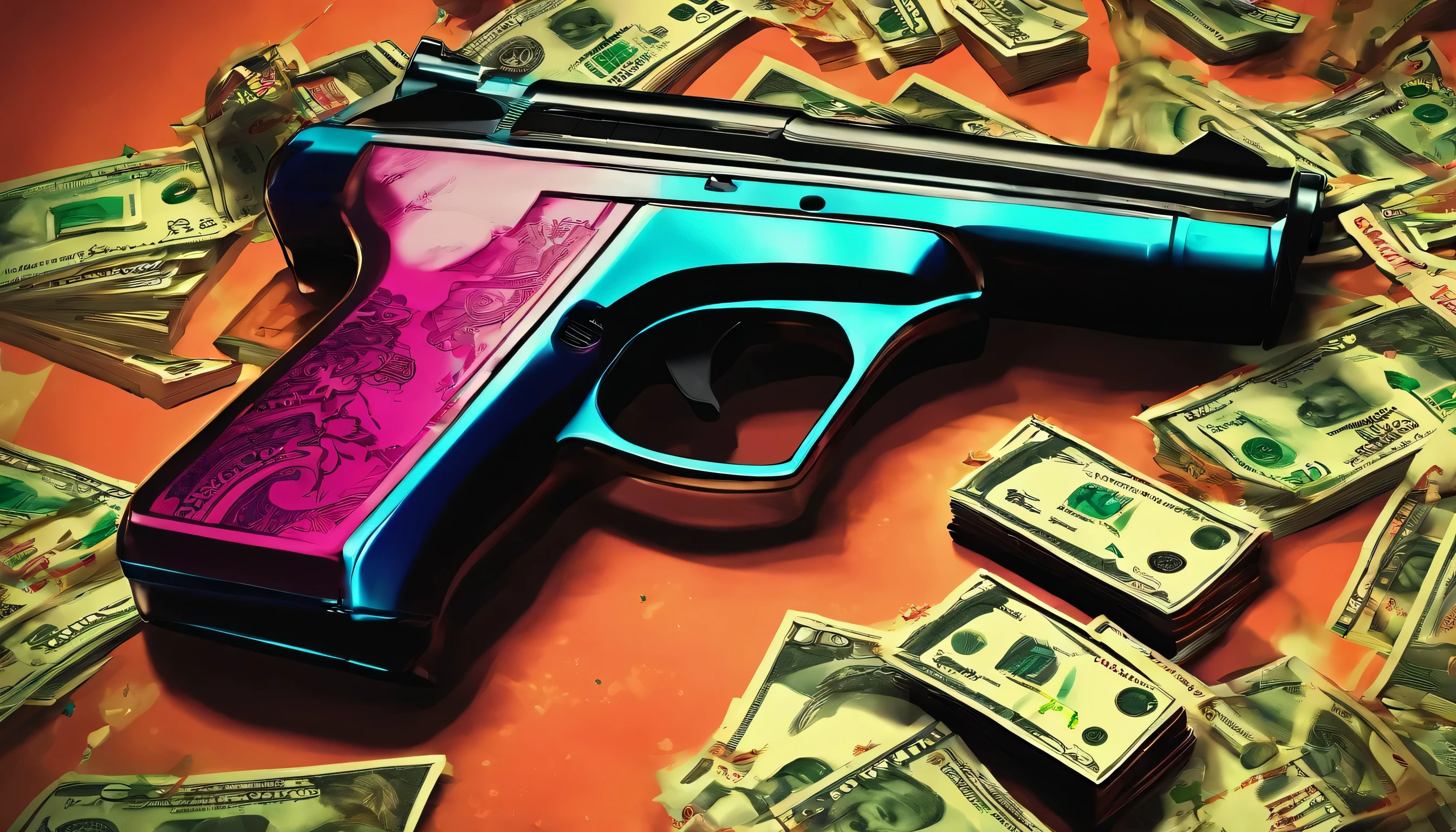 Macro foto de maletin lleno de billetes y una pistola al lado, todo en un cuarto oscuro que transmita misterio y suspenso. mejor calidad, obra maestra