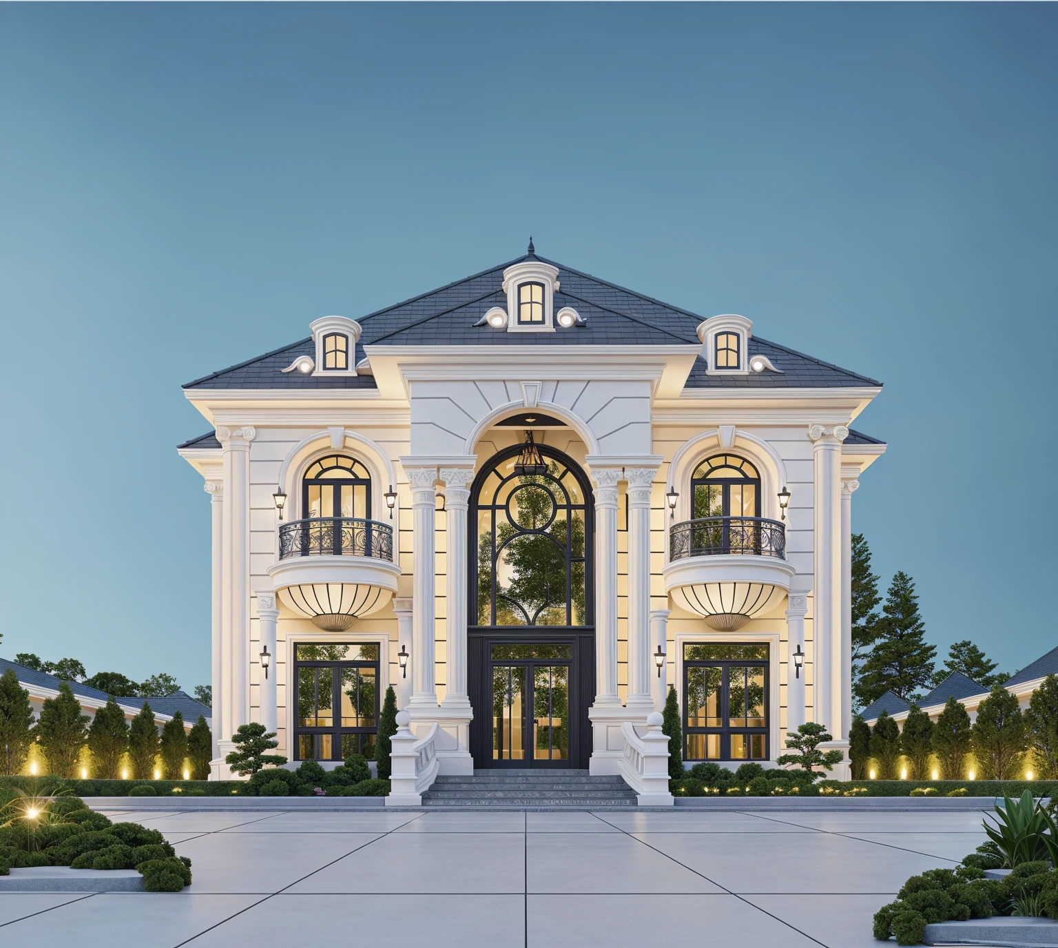 PLATFORM KTHOUSE, 1 morden WHITE house, slope roof, main material of villa about build color wall:1.2 glass panel:1.1 and stone:1.2, 1large yard, 1 road runs in front of the house, (RAW photo, real, best quality, masterpiece:1.2), look morden minimalist, 1 road in front of the house, dynamic lighting:1.3, (hyper realistic, photo-realistic:1.2), high quality, (dark lighting:1.2), perfect lighting, archdaily, no human, light at 12 noon, light in door:1.2