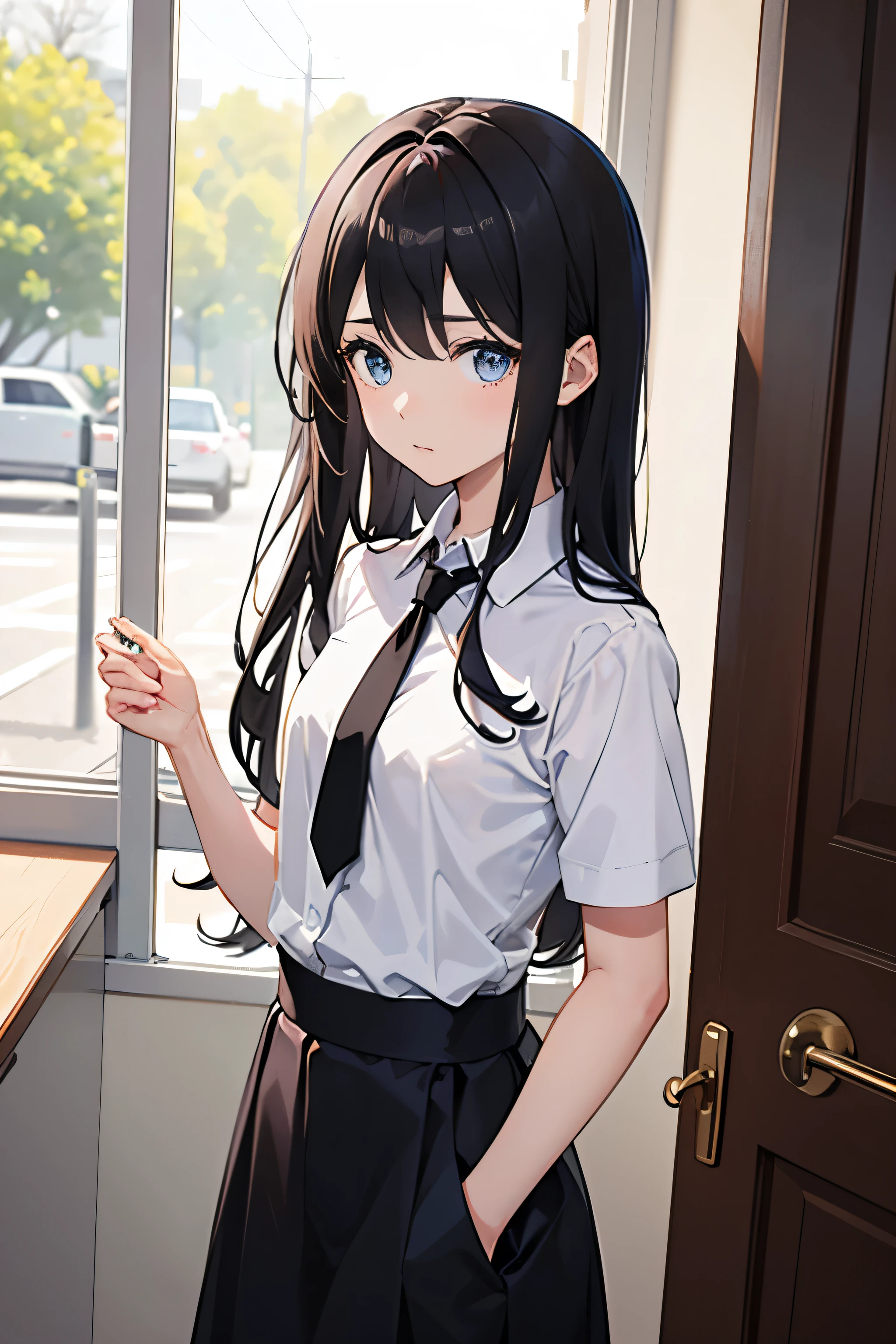 An introverted  girl, She has dark-blue eyes, brown-black long hair, flat bust. She is shy, Wearing white shirt with black tie, Looking audiences, Fresh back view