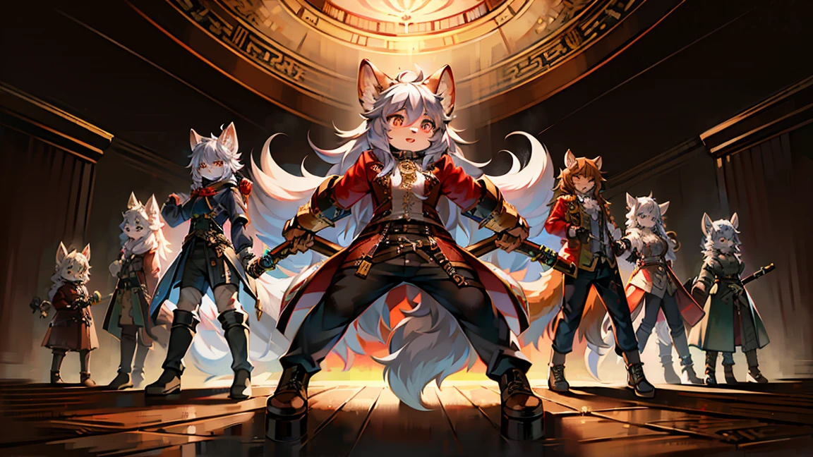 highest quality, Highest Resolution, masterpiece, Very detailed, Young shaggy dog neutral Dog muzzle Dog Ears Fluffy long hair Fluffy tail delicate beautiful Gray Hair steampunk Red long coat sword masterpiece Ultra-high resolution Brown 3/4 length pants Jump Attack pose Light-colored eyes