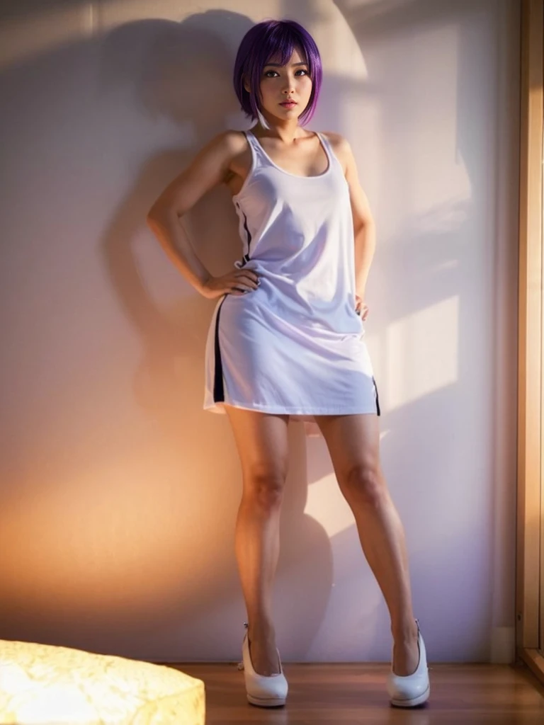 AYANE, purple hair, (melhor qualidade,ultra-detalhado,Realista:1.37), lindo rosto detalhado,Simetria perfeita,corpo perfeitamente modelado,Maquiagem perfeita,cores vivas,studio lighting