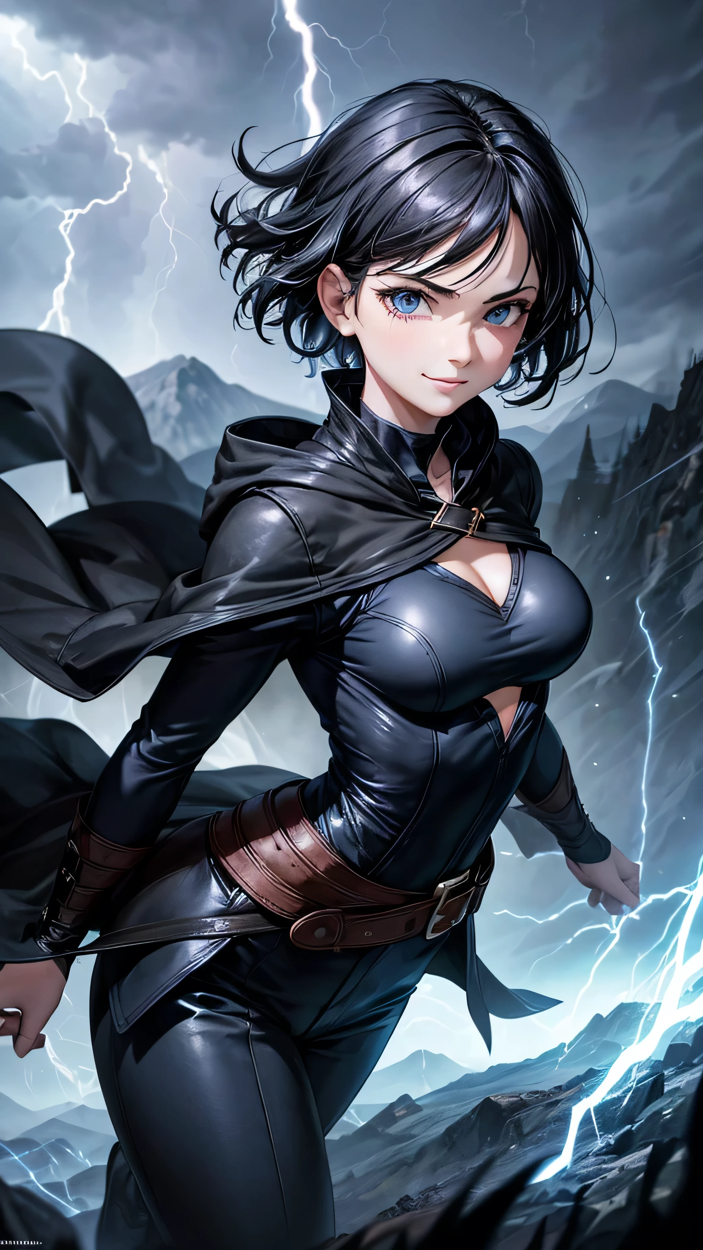 1girl, highly detailed, masterpiece, best quality, correct hands, medium breasts, short black hair, short hair, blue eyes, black robe, black pants, blue shirt, black vest, defined curves, smug smile, mountain background, storm, lightning, stormy atmosphere, flying, floating above the ground, surrounded by lightning, static sparks, holding a sword