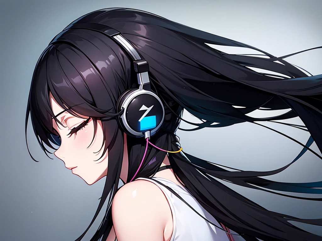 A woman with long black hair with her eyes closed and headphones on、profile、An illustration