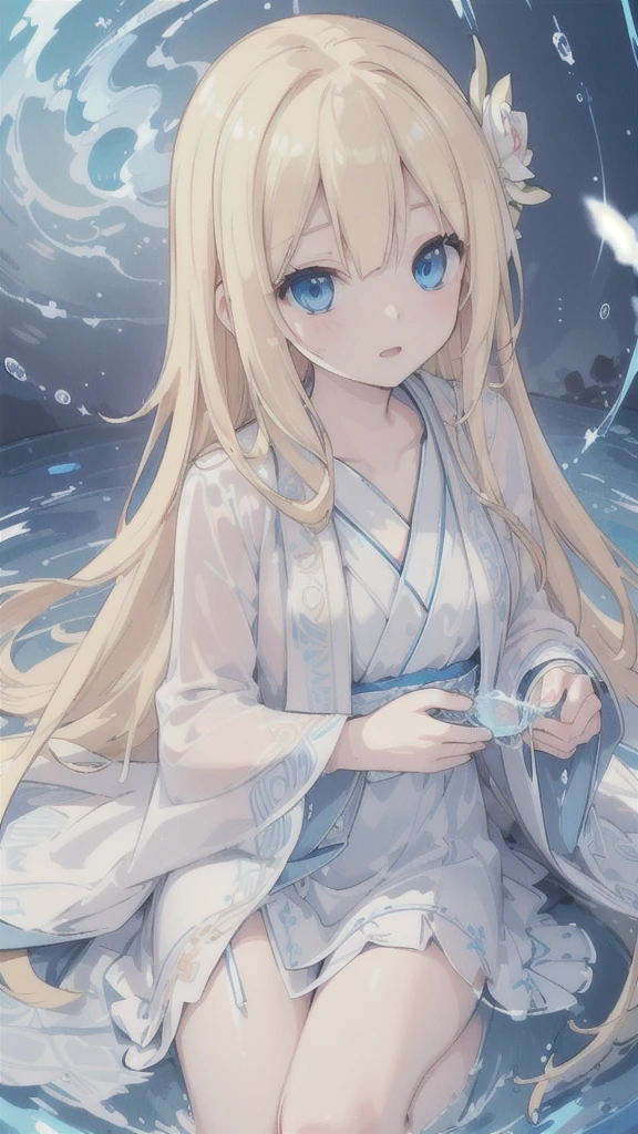 (best quality, ultra-detailed, realistic:1.37), (HDR, UHD), (studio lighting, sharp focus, professional), (portraits, anime),

A girl with blonde hair and blue eyes, detailed eyes, and pale skin, wearing a dark robe adorned with intricate patterns. Blue electric currents swirling around her body. A group of electric eels made of water flying around her.