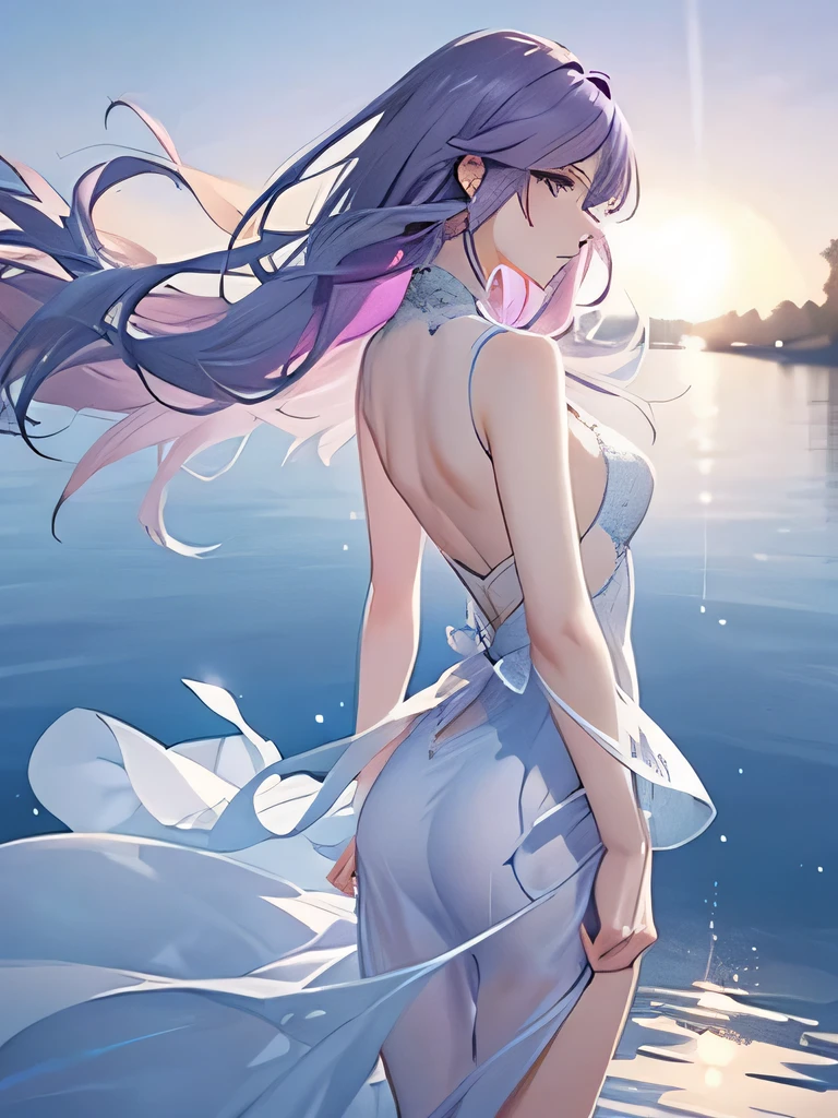 highest quality、Woman with long light purple hair、Slim figure、Sleeveless light blue see-through dress、Back exposure、Standing on a lake in the moonlight