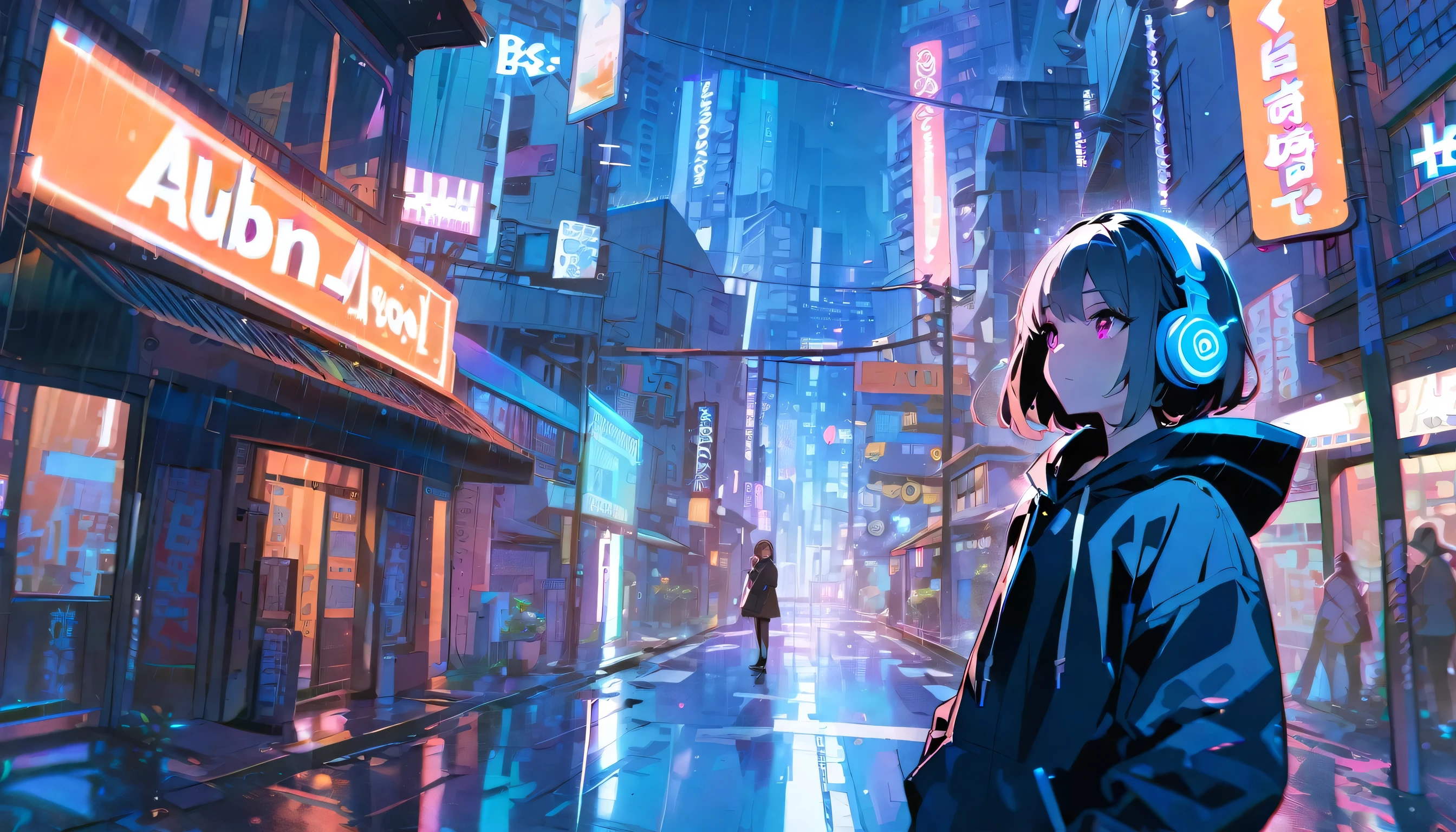 masterpiece,One girl,alone,Incredibly absurd,hoodie,Headphones, street,Outdoor,rain,Neon Light,