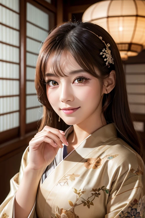 (Surreal), (High resolution), (8k), (Very detailed),  (Beautiful and exquisite eyeshadow and glowing eyes), (highest quality), (Ultra-detailed), (masterpiece), (Detailed face), (Beautiful smile)、The beauty of the world、Japanese pattern kimono、Sit in the tea room of the temple、Looking at the camera、Japanese Ido、Korean Idol