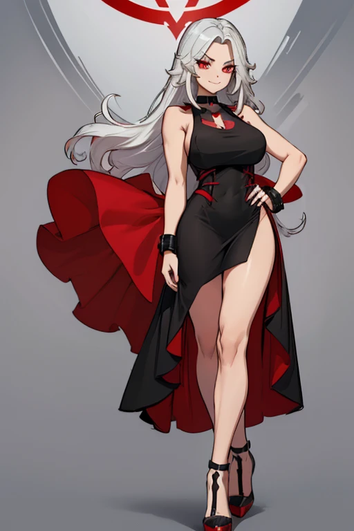 female, silver long hair with black highlights, red eyes, (((1girl))), (((red sleeveless dress with black trim))), (black heels), (black bracelets), (black choker with ruby), cute and sexy, full body, huge breasts, large butt, long legs, smiling