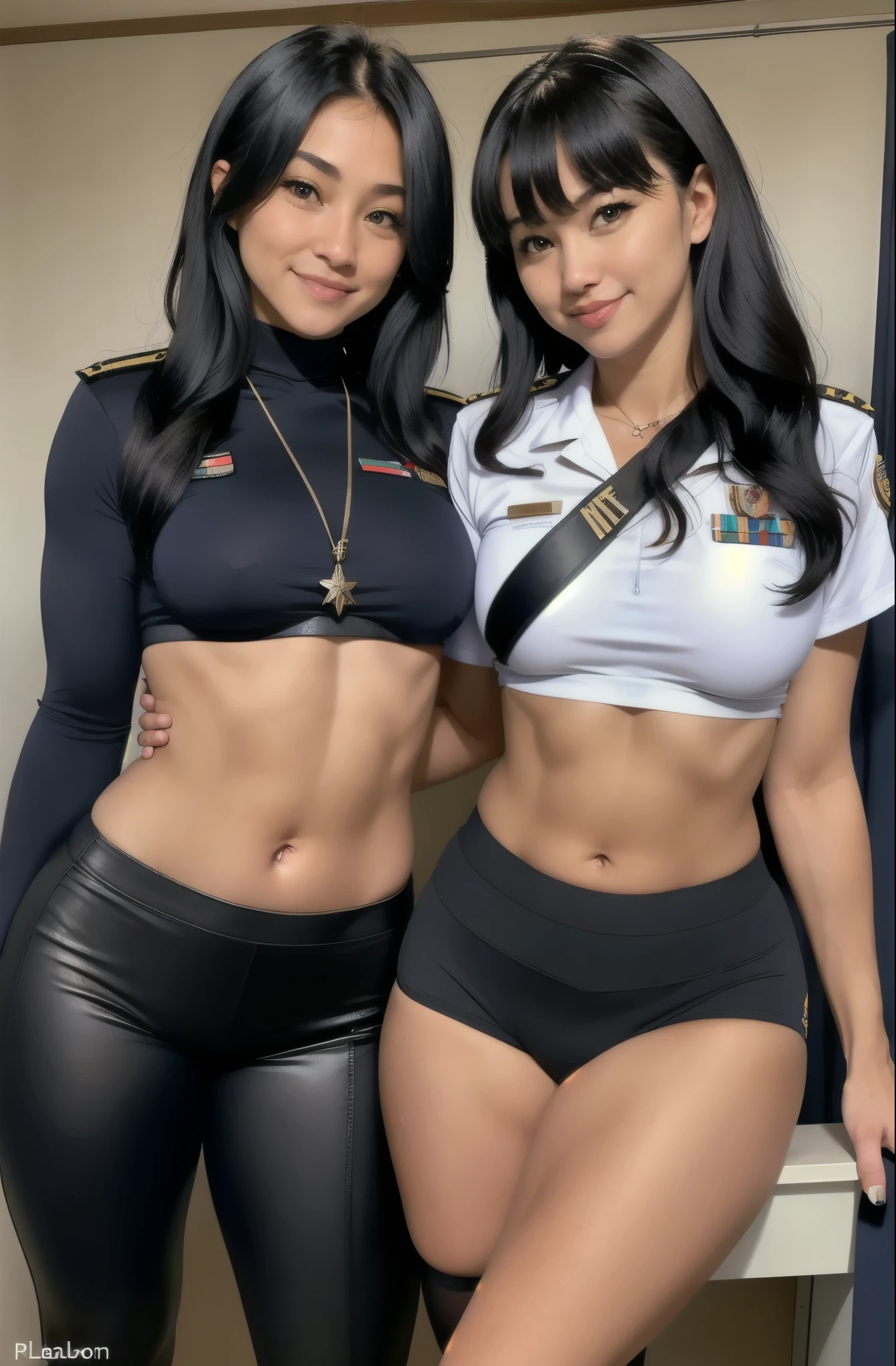 Lt. Sharon 'Boomer' Valerii and Number Six, Hawaiian woman with black hair, gorgeous blonde Russian woman, sexual tones, midriff, navel