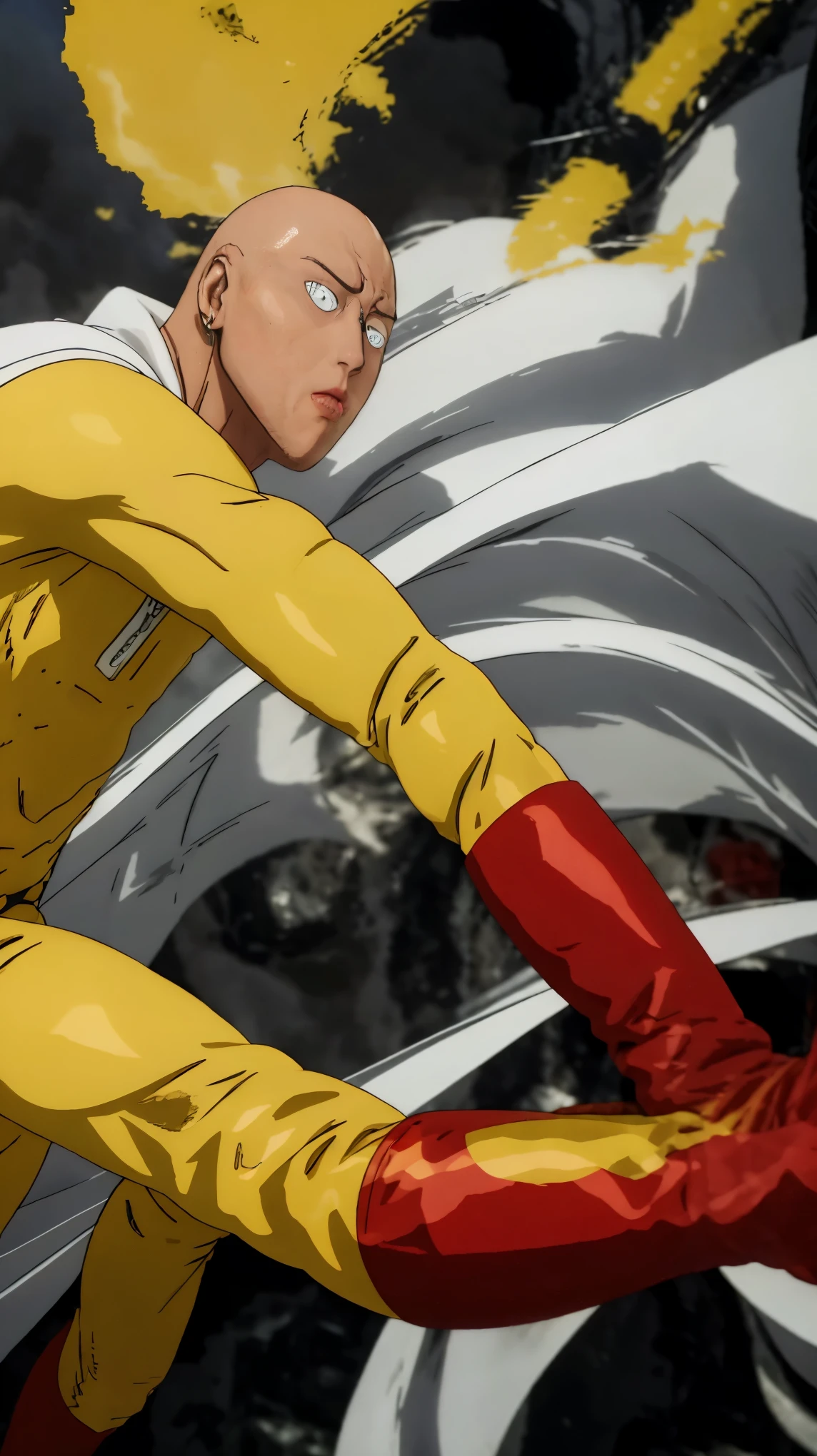 a man on his twenties, bald , shiny hairless bald head , wearing a yellow suit with white cape, has red boots on, Live action versin of the Saitama from One Punch Man, looks real life, has real human looking face, natural light, best details, best quality, HD, UHR, best quality, Saitama, Staring at the viewers, 1 peerson.