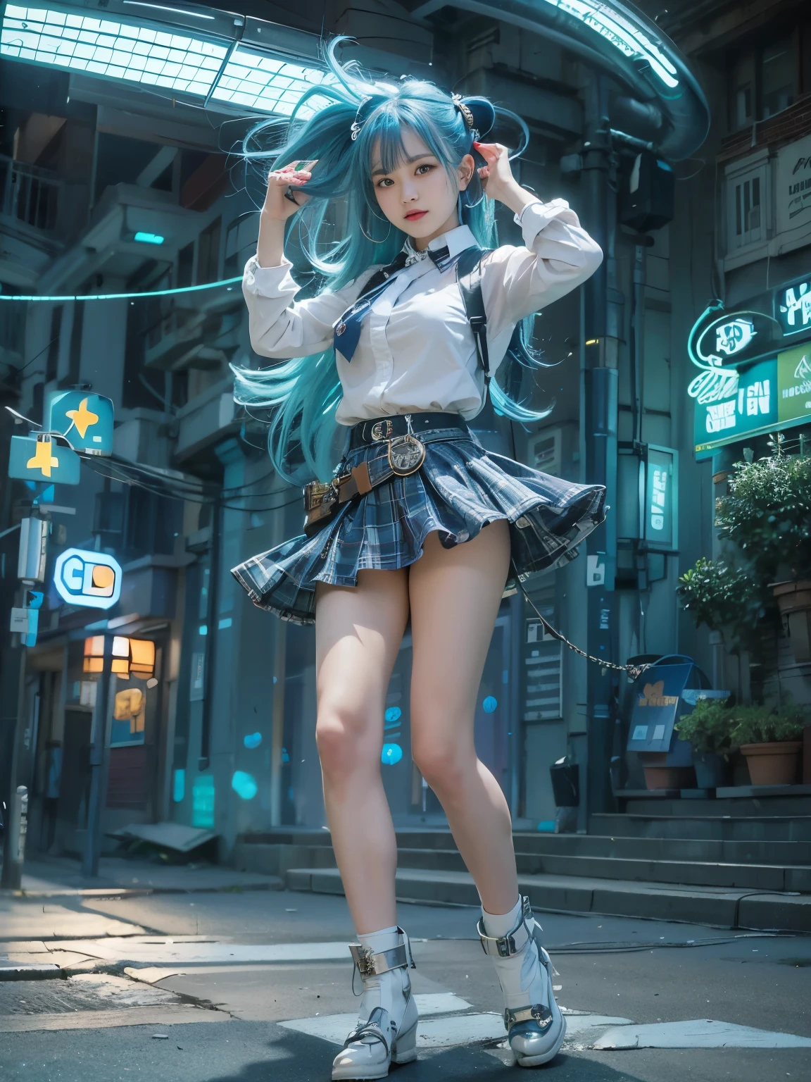 1girl, Holo-Punk Style, masterpiece, best quality, woman, adult, solo, alone, bright blue hair, outdoors, empty street, starry night, bow, short school skirt, blue plaid skirt, freckles, smile, large breasts, dance, dancing, blue street lamps, blue lighting, perfect face, detailed face, perfect blue lighting, belt, white collar shirt, earrings, wind, windy,