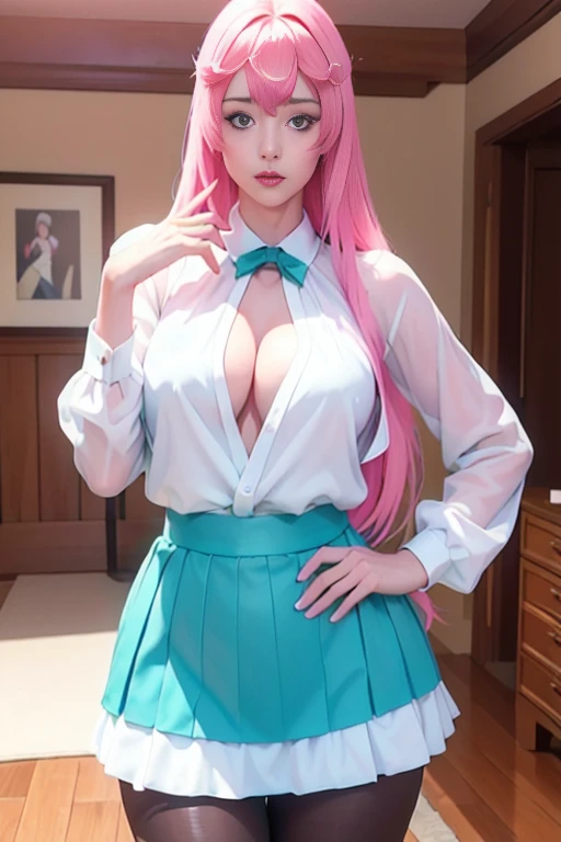 ((Top Quality、16K、masterpiece:1.3))、a tall and beautiful woman、Perfect Figure:1.4、(dream aesthetic) Slim Abs, young girl (beautiful) solo, long voluminous pale-pink hair 、messy hairstyle (with hair bangs), turquoise-blue eyes, pale-white skin (highlighted, realistic shading), No postural movement、Stand up straight、Huge bust、Highly detailed facial and skin texture、(A detailed eye, Symmetry Eyes, Clear realistic eyes, Double eyelidd、Cold-stricken face、Symmetrical face), very realistic skin, goth makeup, Royal sisters full of fans、The Telegraph Esbian、peach buttocks, white shirt, black skirt, black tights, cleavage, squart、(Raw foto:1.2)、((Photorealcitic:1.4))Top Quality、masterpiece、Real Photography、very delicate and beautiful.、super detailed CG、Unity、8K photo wallpaper、delicate detail、best qualtiy、Highly detailed CG unity 8k wallpaper、absurderes、Incredibly Absurd、huge file size、extremely highly detailed、Hight Resolution、ighly Details、Beautiful detail girl、extremely detailed eyes and face、beautiful delicate eyes、Facial light、cinematic lightings、(big hips, thick thighs, beautiful legs, black pantyhose) 1girll、see -through,Watch your audience, Plane Air, high ponytail、ulzzang-6500、The Telegraph Esbian, different poses at different angles,