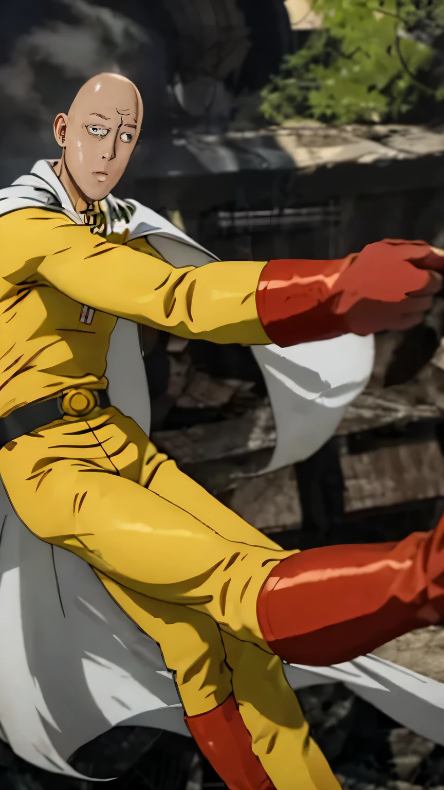 a man on his twenties, bald , shiny hairless bald head , wearing a yellow suit with white cape, has red boots on, Live action versin of the Saitama from One Punch Man, looks real life, has real human looking face, natural light, best details, best quality, HD, UHR, best quality, Saitama, Staring at the viewers, 1 peerson.
