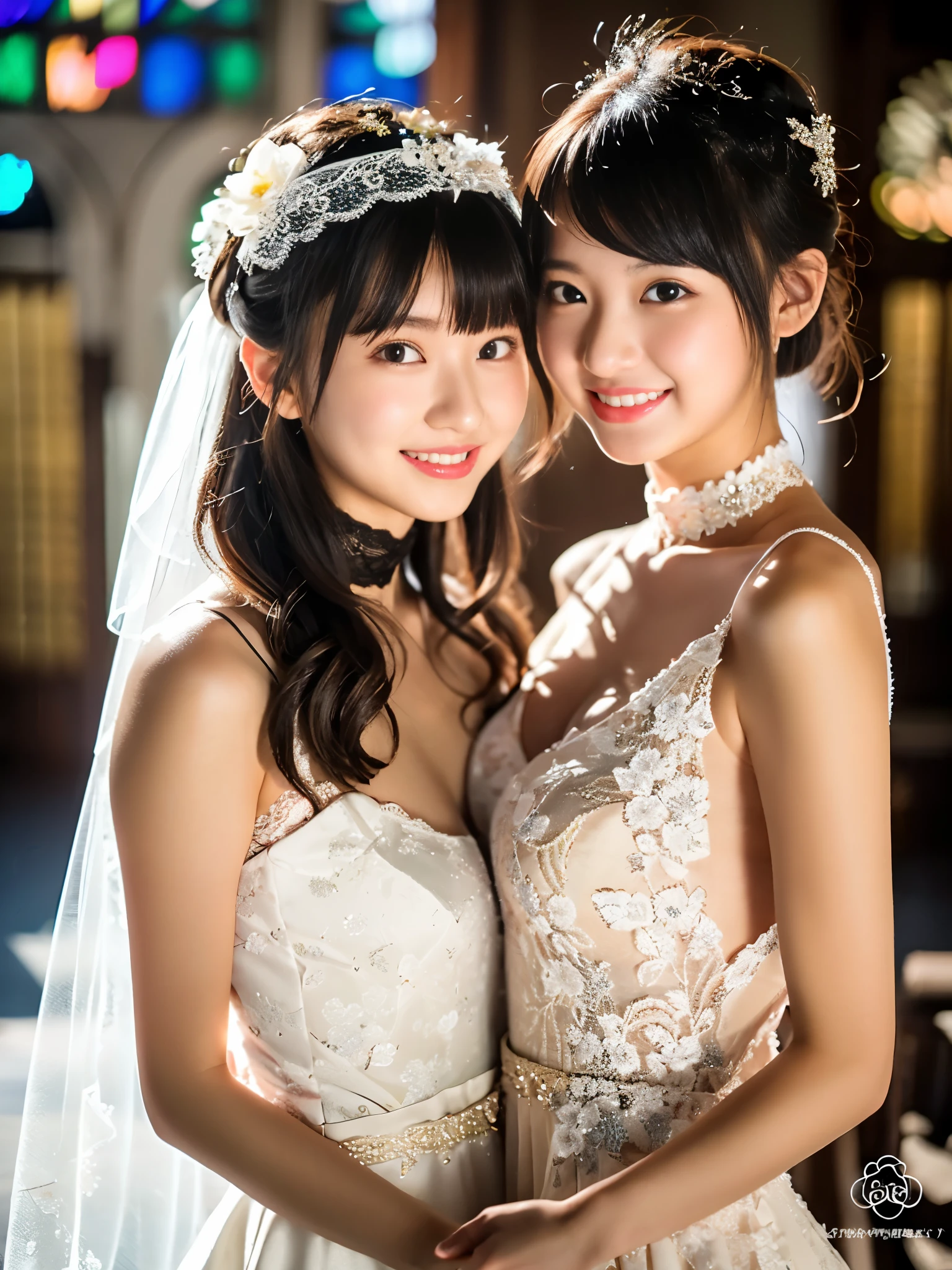 (Small breasts、Small breasts:1.5)、(8k、RAW Photos、highest quality、masterpiece: 1.3)、Dynamic Angle、masterpiece、Very detailed、High resolution、Two people、(2Pretty girls of people)、Classmate、Friendly high school students、Face Light、Cinema lighting、Professional Lighting、Black Hair、bangs、smile、Baby Face、Pretty face、Brown eyes、(Wedding dress、Gorgeous dress、detailed lace ornament:1.5)、choker、(Traditional Associations、Stained glass behind、Fractal Pattern)、whole body、Model standing、