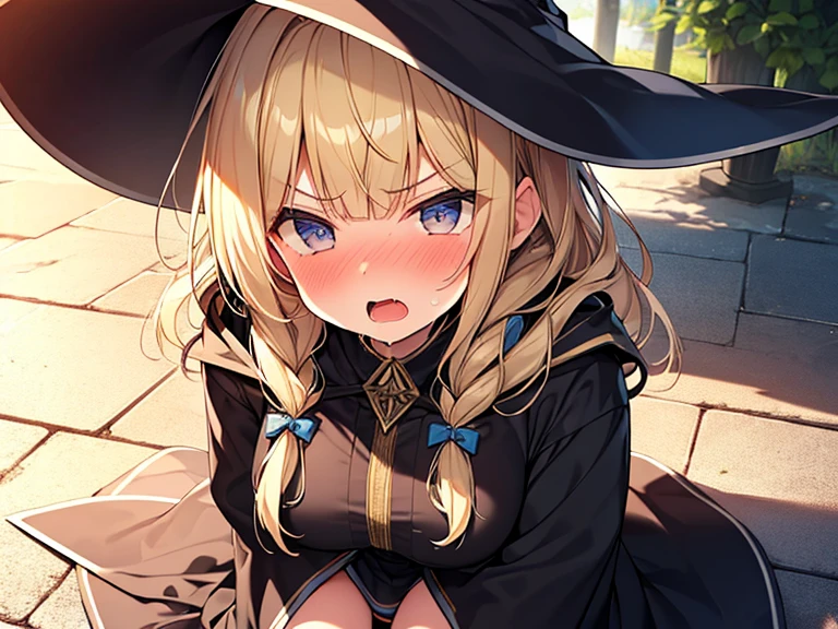 Masterpiece, Top quality, 1 beautiful girl, Blonde, medium Hair, Braided hair, wavy Hair, blunt bangs, 15 year old, standard weight, very large dark sorceress long robe with hood, pleated skirt, witch hat, (angry :1.2), nose blush, open mouth, saliva, tear up, (1 boy :1.3), (fellatio :1.2), beautiful scene of Enchanted Forest, backlighting, sunset, close up, from above, kneeling