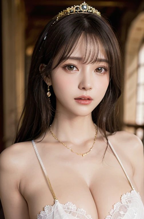 Princess , in castle, high quality, super quality, (detailed face:1.1) ,beautiful woman , golden eyes, long hair , tight gorgeous dress, tiara, necklace , earring , sharpe eyebrow , beautiful bangs are covering her eyes , huge   ,upper body ,