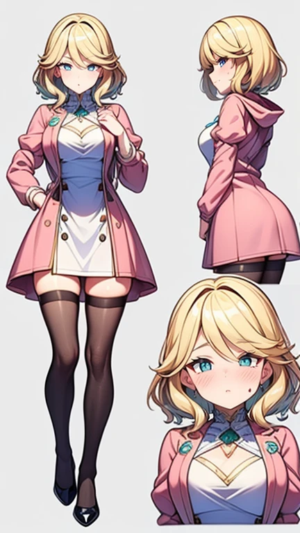 1 girl, solo, (((mature woman))), (((full body))). medium hair, blonde hair, medium breasts. (((perfect detalied face))), (((very exaggerated puffy cheeks))), (((very exaggerated pout))), mouth, full lips, closed mouth, blush. Perfectly detailed eyes, crying, almond eyes, aquamarine eyes, tears. dress, white and green dress, pink jacket, open jacket, puff sleeves, long sleeve, hood. standing, legs apart, wide thighs, medium hips. stockings, black heels. High resolution image, 8k quality, perfectly  intricate details, (((perfectly detailed illustration))), 3d anime style, looking at viewer, frontal view, sideview, backview, (((*atention*))), (((same character))), (((same outfit))), Character design sheet.