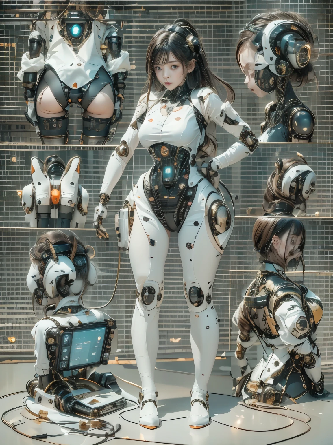 masterpiece, best quality, extremely detailed, portrait,Japaese android girl,Plump,a bit chubby,control panels,android,Droid,Mechanical Hand, ,Robot arms and legs, Black hair,Mechanical body,Blunt bangs,White Robotics Parts,perfect robot woman,Charging spot,Long Tube,A thick cable was connected to her neck,perfect mechanical body,white robotics body,future assembly plant,white body,She has repaired,black sponge joints,android assembly plant,android,laboratory,perfect machine body,white robot body,blue eyes