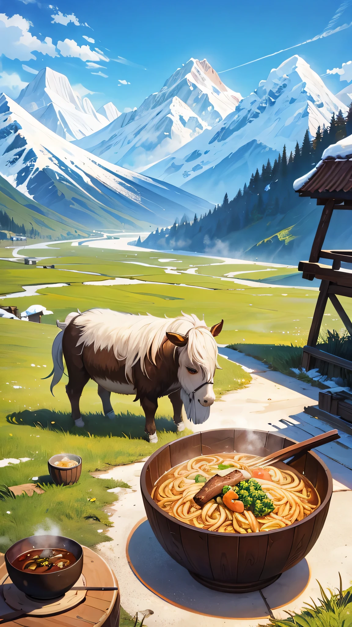 There is a yak and a bowl of noodles in front of the snow mountain，Prairie Background，Cartoon Style，HD