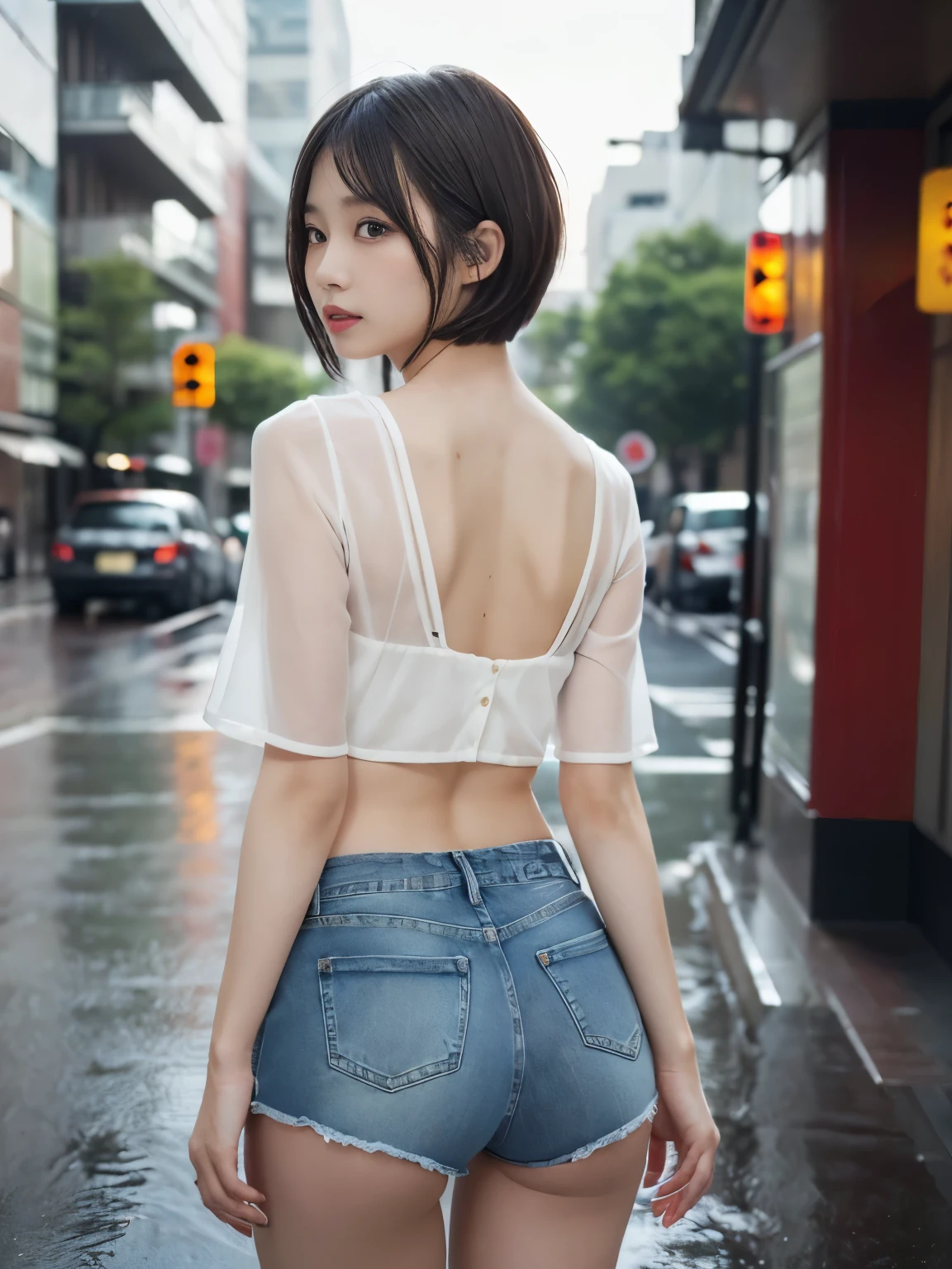 (((Very detailed , 8k wallpaper, masterpiece, High resolution, highest quality))), ((Beautiful Japanese woman, Grunge Fashion, Wearing a very see-through camisole:1.2,)),((Very short denim booty shorts)), ((Very detailed顔, Very detailed black eyes, Very detailedボディ, highest qualityのリアルテクスチャスキン)), (Short Bob Cut Hair, White skin, Exposed abdomen,Protruding buttocks), Surreal, Digital Paint,Aperture F1.4, Focus distance 28mm, Exposure compensation+1, rain