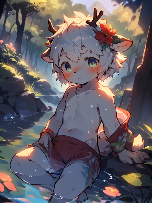 masterpiece,best quality,Gauss,Practical, 1Boya Focus,solo, (Delicate eyes and delicate face) , (Handsome face) , (Perfect anatomical structure) ,Thick eyebrows,Short hair details,Very fine details, 4K , 8k ,light,Amazing Art,Beautiful scenery , (Deer bathing in a clear mountain spring) , (blue or white or red sexy) ,Sports bracelet,Wet,that tree,Rios,Short hair details,perspective,彩色light,Very shy,The right hand,Beautiful flowers and green leaves,antlers,Deer Boy,Toddler,Pino Deheny, Carney announced, milkytiger1145, Dagasi, Yes,
