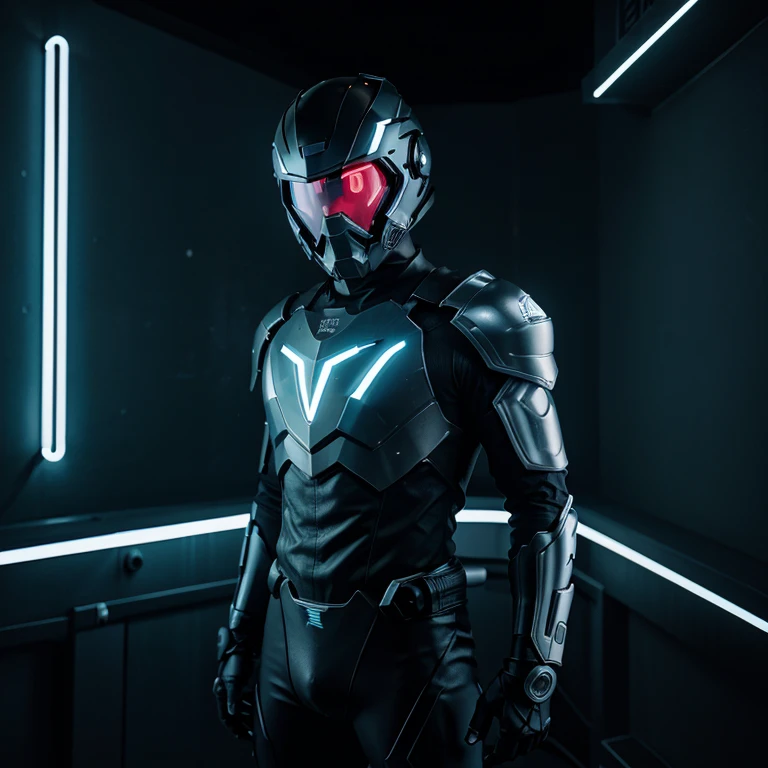 Generate me a boy with tech armor in neon lighting with his helmet on in manga art style