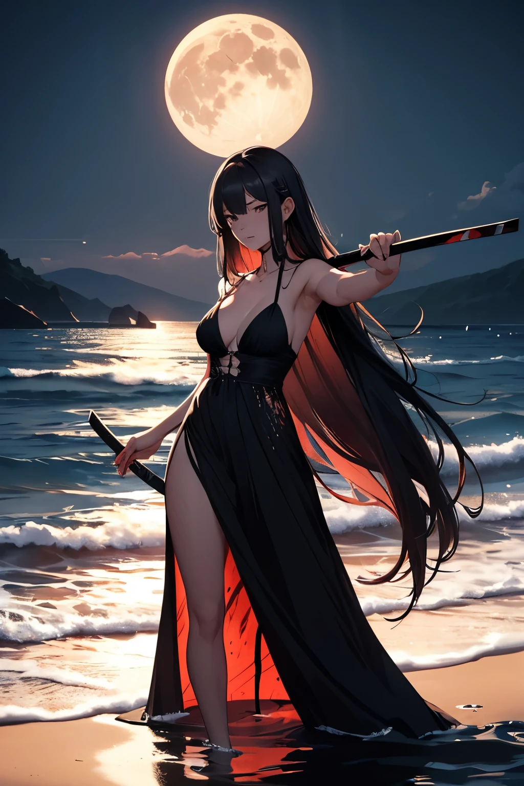 lady dresses in a long flowing black strappy sun dress standing on a beach at night. The moon is setting and reflecting on the water to her right. She is holding a katana in her right hand. the katana is pointing down with some blood on the cutting edge and blood dripping from the tip.