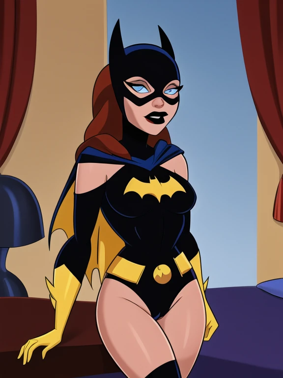 solo, batgirl , mask, black lips, red hair, belt, torn chest bodysuit, black bodysuit, sideboob, pointy breasts, cape, yellow gloves,luxury red bedroom , (icy blue eyes) , pulled panties, fat thigs