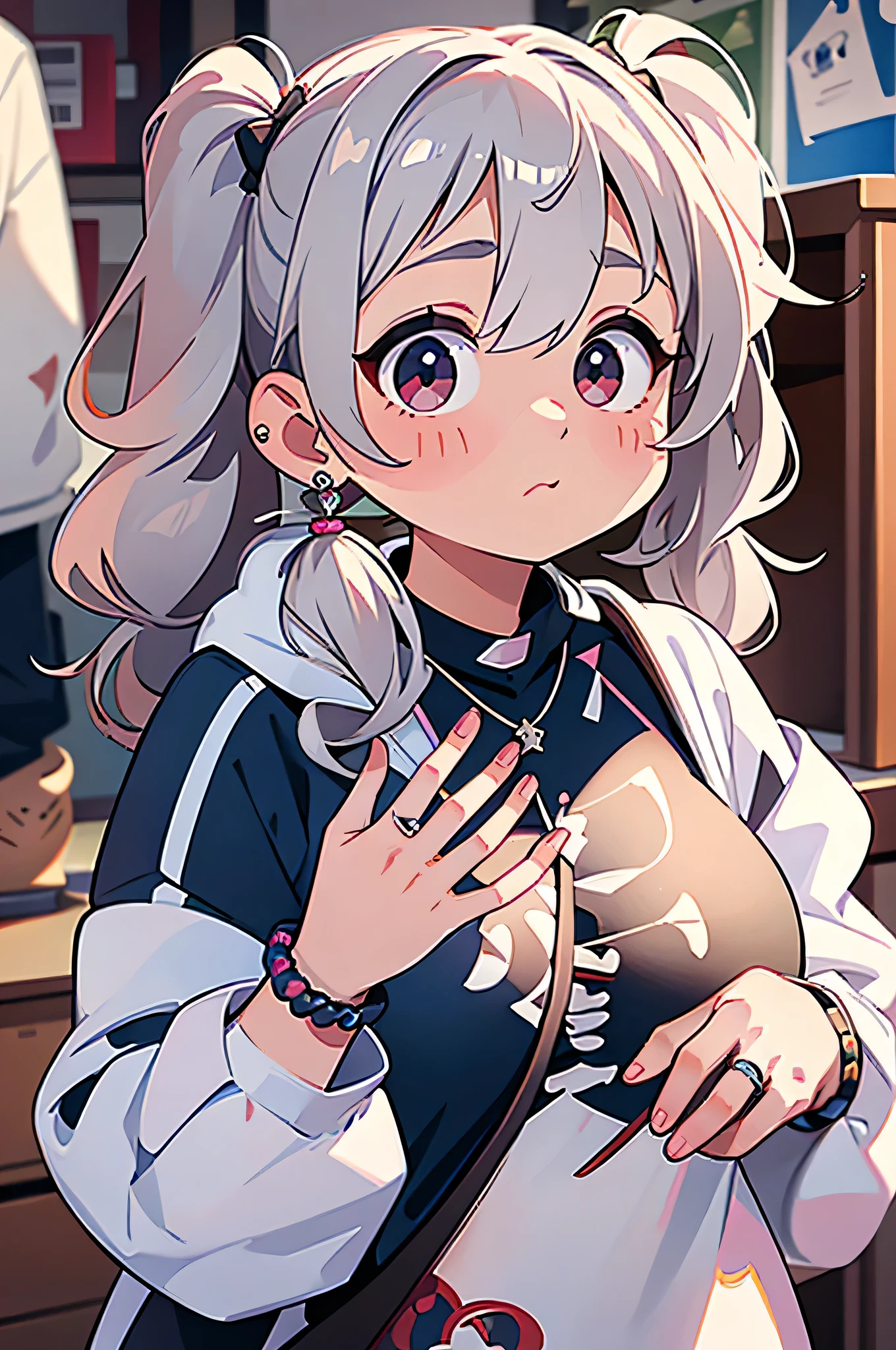 , huge, Twin tails, Silver Hair, hoodie, Vintage Gothic, Pause, cute, Look up, high quality, necklace, ring, bracelet, Earrings