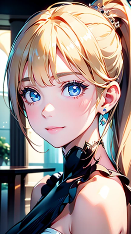 Best quality , masterpiece, Portrait、、Bright expression、ponytail、Young, shiny, white, glossy skin、Gloss Face、Shining Cheek Gloss、Small Face Beauty、The best beauty、The dazzling light of blonde hair、Bright blonde hair with dazzling highlights、Very beautiful shiny light blonde hair、super long silky straight hair、Her shiny, beautiful bangs are covering her eyes.、Sparkling, clear, attractive, bright, large, pale blue eyes、Very big eyes、eyeliner、very beautiful lovely cute 16 year old girl、Ample Bust, upper body , smile , ((((princess ))))