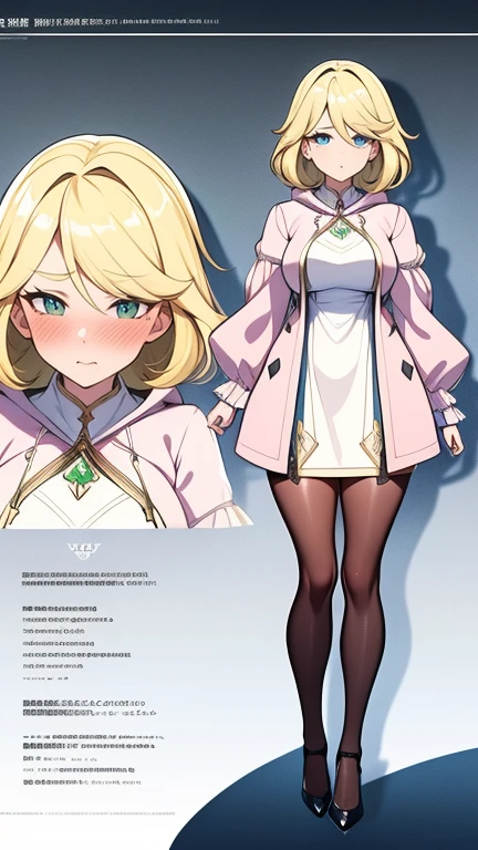 1 girl, solo, (((mature woman))), (((full body))). medium hair, blonde hair, medium breasts. (((perfect detalied face))), (((very exaggerated puffy cheeks))), (((very exaggerated pout))), mouth, full lips, closed mouth, blush. Perfectly detailed eyes, crying, almond eyes, aquamarine eyes, tears. dress, white and green dress, pink jacket, open jacket, puff sleeves, long sleeve, hood. standing, legs apart, wide thighs, medium hips. stockings, black heels. High resolution image, 8k quality, perfectly  intricate details, (((perfectly detailed illustration))), 3d anime style, looking at viewer, frontal view, sideview, backview, (((*atention*))), (((same character))), (((same outfit))), Character design sheet.