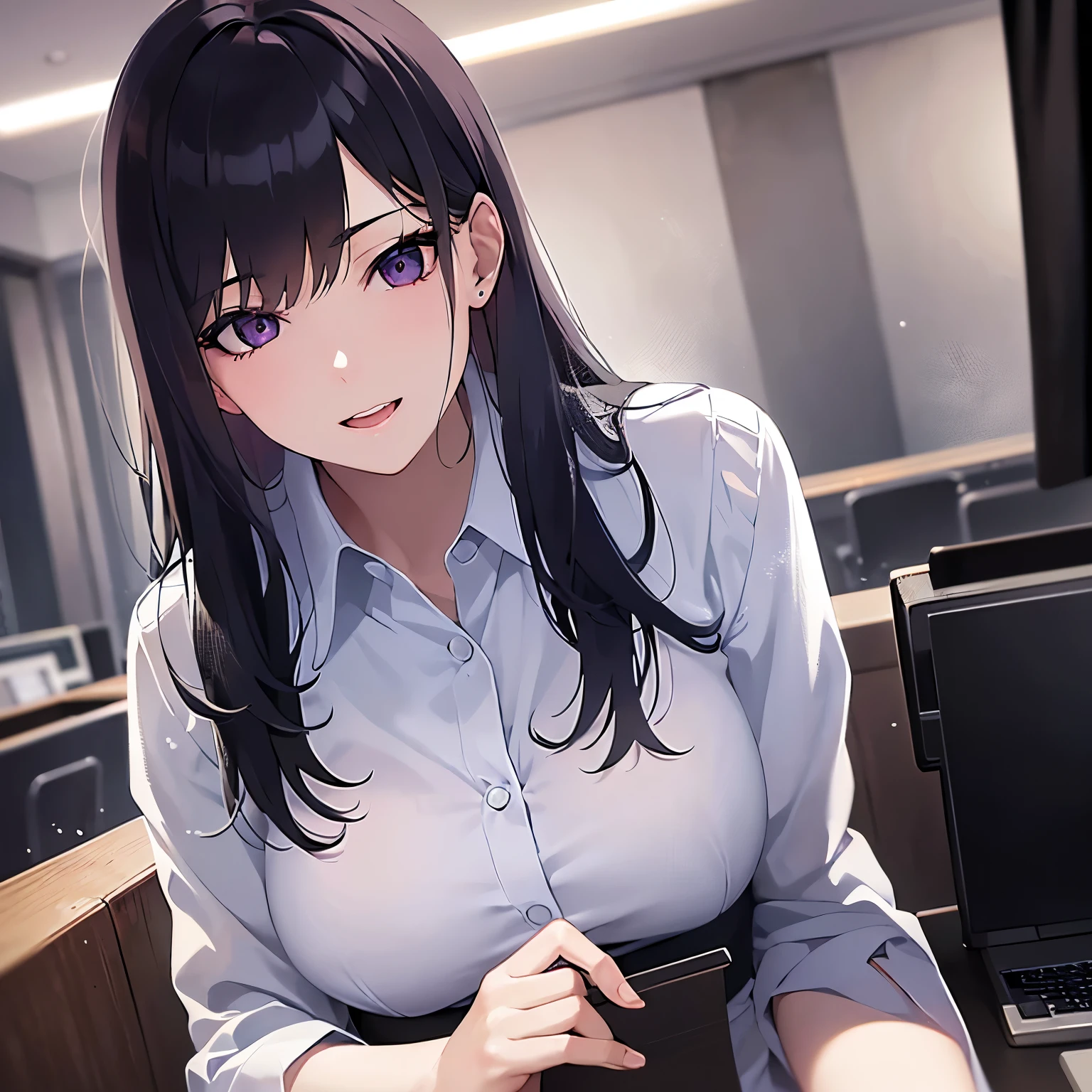 cinematic angle, Upper body, Realistic, real person, (pale skin: 1.2), (RAW photo:1.5), photorealistic, shiny skin, shiny hair、(A 25-year-old woman with straight hair and bangs) and (medium hair) and (black hair) and (purple eyes) and (half eyes), (white collared shirt), smile, open mouth, The background is an office conference room、alone、Sitting