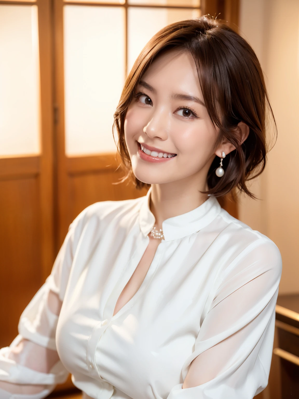 (highest quality, 8k, 32k, masterpiece, Ultra-high resolution:1.2),Beautiful Japanese Women Photos, (D cup breasts:1.4), Very short bob hair,Upper Body,Face Focus,(White formal blouse:1.4)、White ruffled blouse,(Pearl Necklace:1.4), (Very small office:1.6), The viewer is looking at her from the side, (smile:1.6)