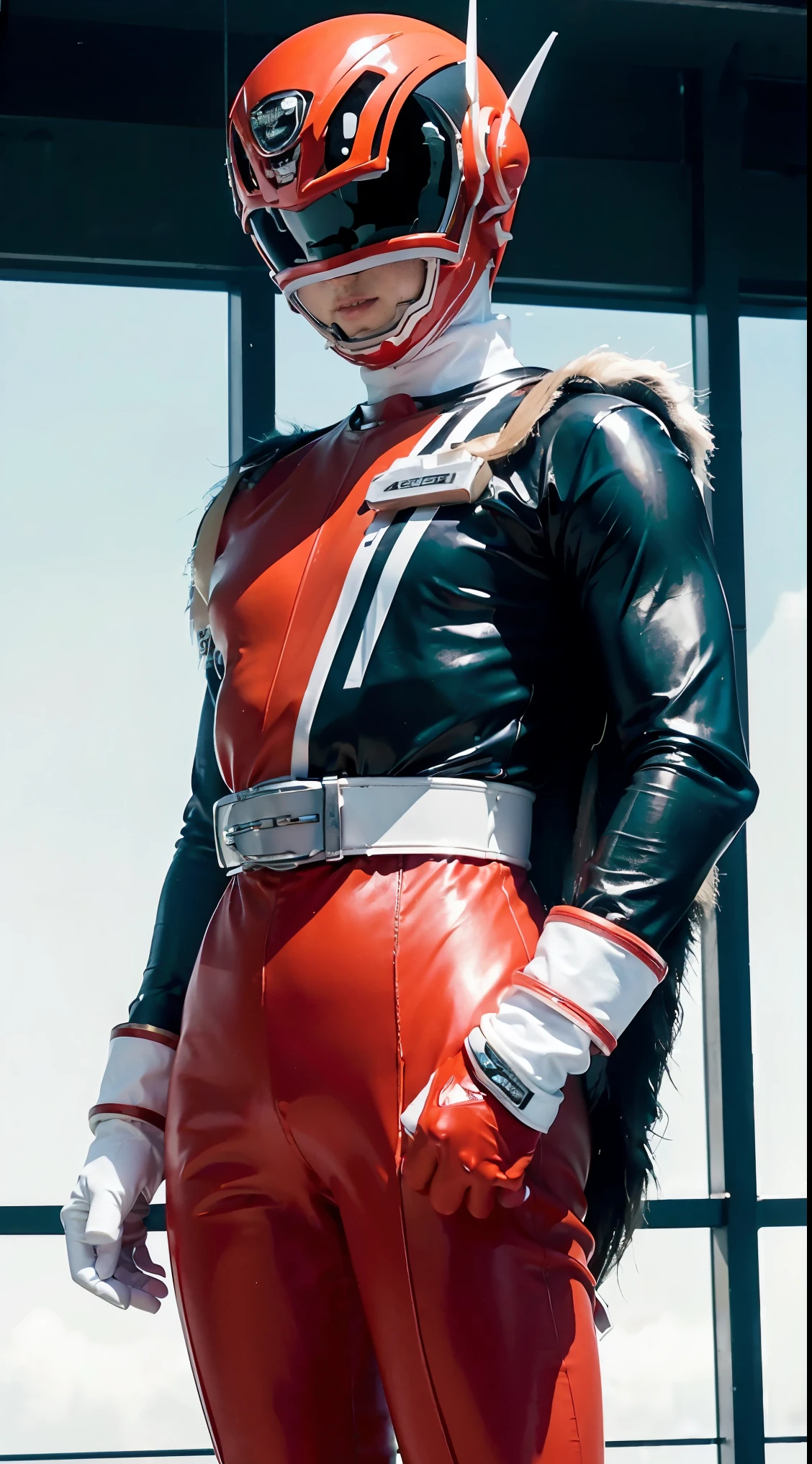 ((power rangers)), One guy、 Red costume, Solo, ((Slim figure)), (Anatomically correct), Cowboy shot, masked face, (Red composite tracksuit), (Well-designed hero set), Suitable for complex production lines, Thin one-piece influencer suit, Long leather gloves to white elbows,,,,, The arm sleeve is made of hard material, White leather boots, Wearing a full-face helmet, (White belt), (Large metal clasp), (Full body suit), (Full face helmet,No exposed face), Crystal embedded in the helmet, (Very shiny sportswear), Silk weave set, gym clothes that adhere to the body,dynamicposes