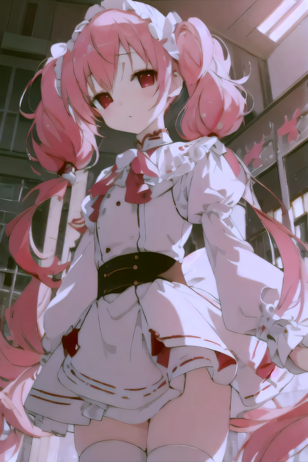 Beautiful illustrations, highest quality, Cute girl, (Conversion Sequence), Transformation Magical Girl, , White Magical Girl, Fractal Art, albino, Baby F pure white red mesh hair, Beautiful and detailed red eyes, Cinema Lighting, Cowboy Shot, View your viewers, From below, Happy,Pink Hair,Twin tails,