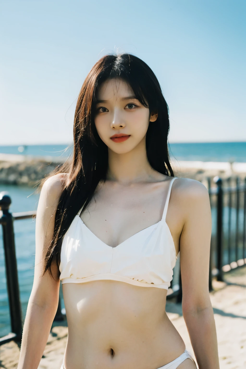 (best quality:1.4), (ultra highres:1.2), (photorealistic:1.4), depth of field, best quality, masterpiece, wearing  white bikini, ultra high res, (photorealistic:1.3), 8K, raw photo, big breast, armpit show off, 1girl, natural skin texture, , leg detailed, full shot body, white BIKINI, wearing leather, natural skin texture, dynamic pose, film grain, background at beach,, look at cam, long black hair, FULL shot portrait, gemma chen