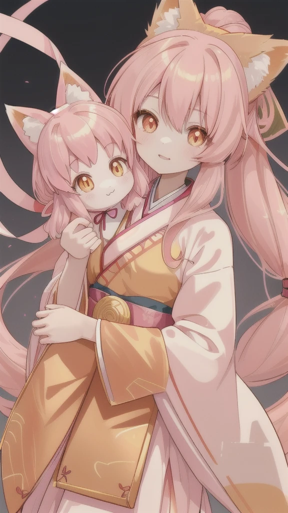 Fox Girl,Long golden hair tied with a ribbon,pink hanfu
