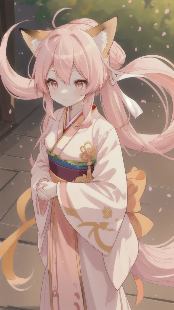 Fox Girl,Long golden hair tied with a ribbon,pink hanfu