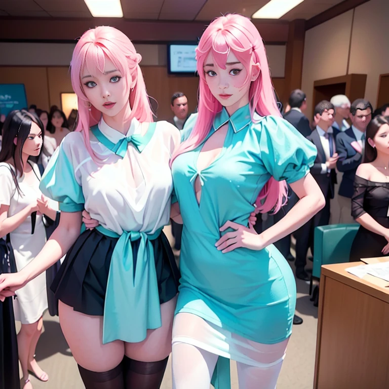 ((Top Quality、16K、masterpiece:1.3))、a tall and beautiful woman、Perfect Figure:1.4、(dream aesthetic) Slim Abs, young girl (beautiful) solo, long voluminous pale-pink hair 、messy hairstyle (with hair bangs), turquoise-blue eyes, pale-white skin (highlighted, realistic shading), No postural movement、Stand up straight、Huge bust、Highly detailed facial and skin texture、(A detailed eye, Symmetry Eyes, Clear realistic eyes, Double eyelidd、Cold-stricken face、Symmetrical face), very realistic skin, goth makeup, Royal sisters full of fans、The Telegraph Esbian、peach buttocks, white shirt, black skirt, black tights, cleavage, squart、(Raw foto:1.2)、((Photorealcitic:1.4))Top Quality、masterpiece、Real Photography、very delicate and beautiful.、super detailed CG、Unity、8K photo wallpaper、delicate detail、best qualtiy、Highly detailed CG unity 8k wallpaper、absurderes、Incredibly Absurd、huge file size、extremely highly detailed、Hight Resolution、ighly Details、Beautiful detail girl、extremely detailed eyes and face、beautiful delicate eyes、Facial light、cinematic lightings、(big hips, thick thighs, beautiful legs, black pantyhose) 1girll、see -through,Watch your audience, Plane Air, high ponytail、ulzzang-6500、The Telegraph Esbian, different poses at different angles,