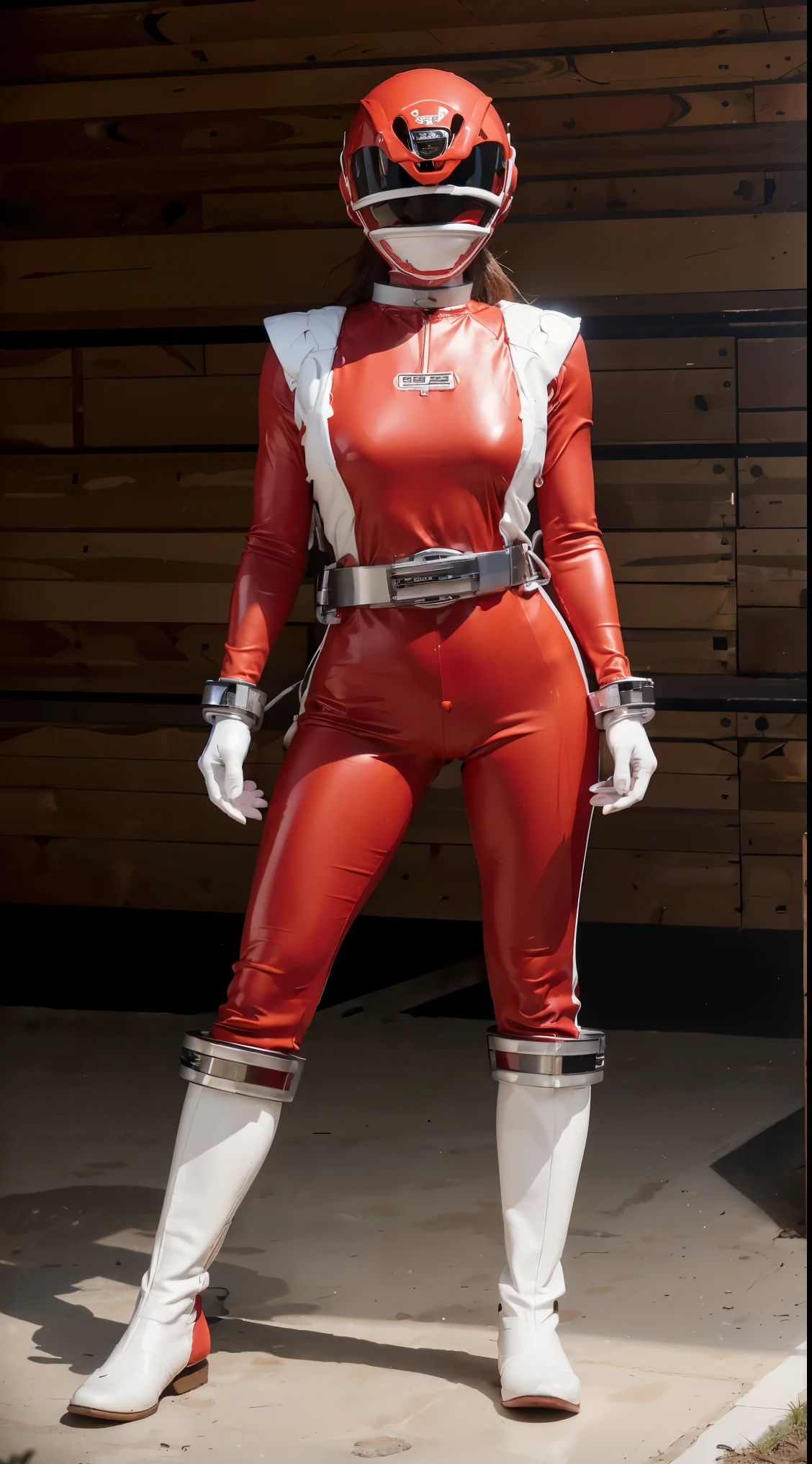 ((power rangers)), One guy、 Red costume, Solo, ((Slim figure)), (Anatomically correct), Cowboy shot, masked face, (Red composite tracksuit), (Well-designed hero set), Suitable for complex production lines, Thin one-piece influencer suit, Long leather gloves to white elbows,,,,, The arm sleeve is made of hard material, White leather boots, Wearing a full-face helmet, (White belt), (Large metal clasp), (Full body suit), (Full face helmet,No exposed face), Crystal embedded in the helmet, (Very shiny sportswear), Silk weave set, gym clothes that adhere to the body,dynamicposes