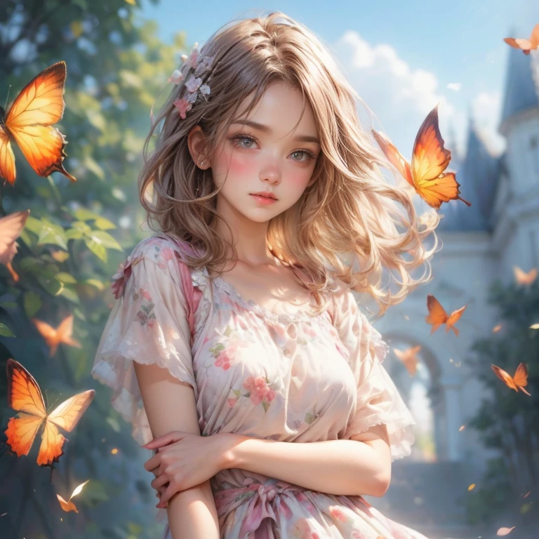 masterpiece: 1.2, highest quality, 16k, highres, ultra-realistic, photo realistic: 1.37, beautiful detailed: 1.2, cute girl, standing with dynamic posing, in campus lawn, full of flowers, a lot of butterflies, modern sauvage bob hair, beautiful and delicate (hair, face, eyebrows, long eyelash, eyes, pupils, lips), sparkling eyes, shining rosy lips,
